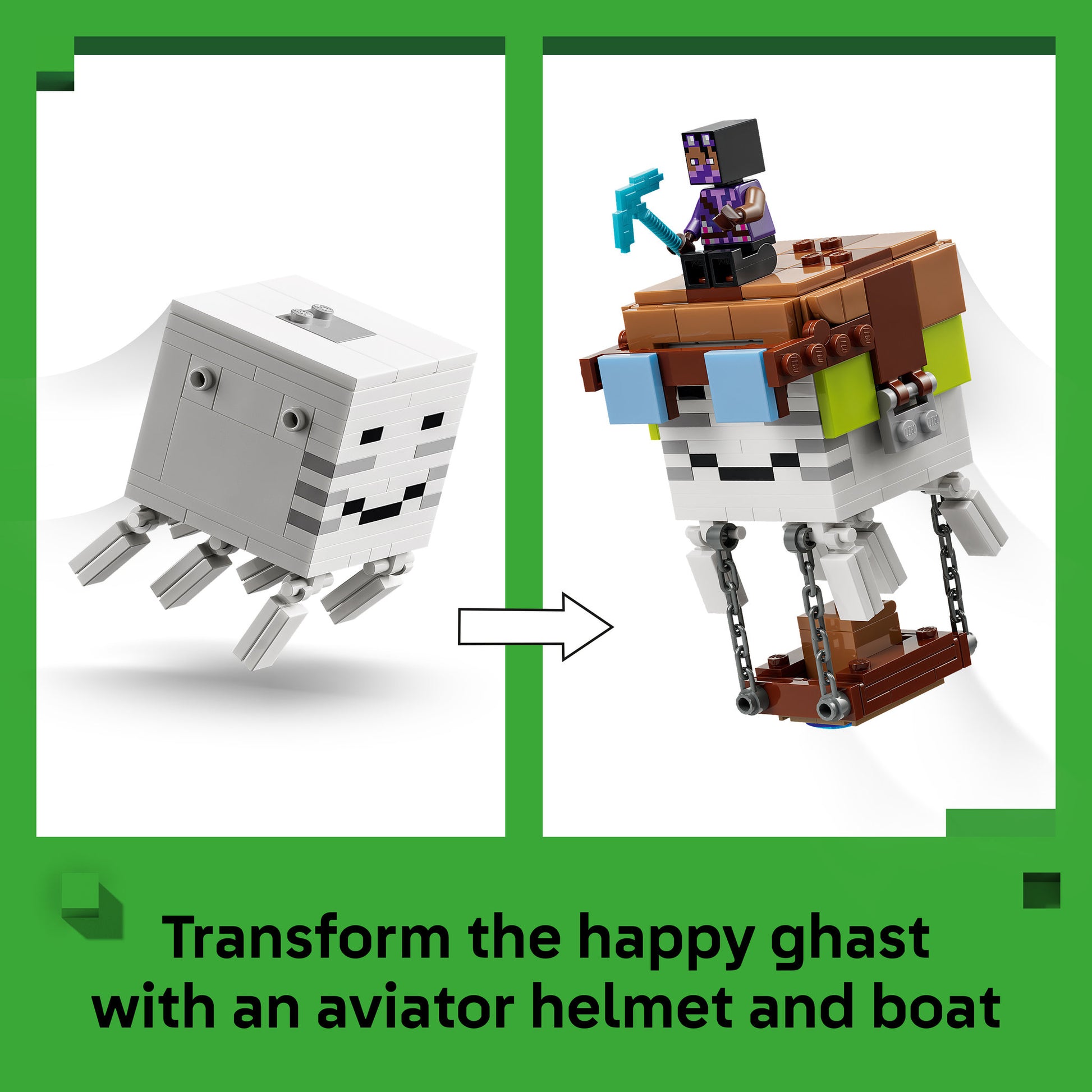 Put helmet and boat on the ghast, in the LEGO 21597 Minecraft Ghast Station Waterfall Set