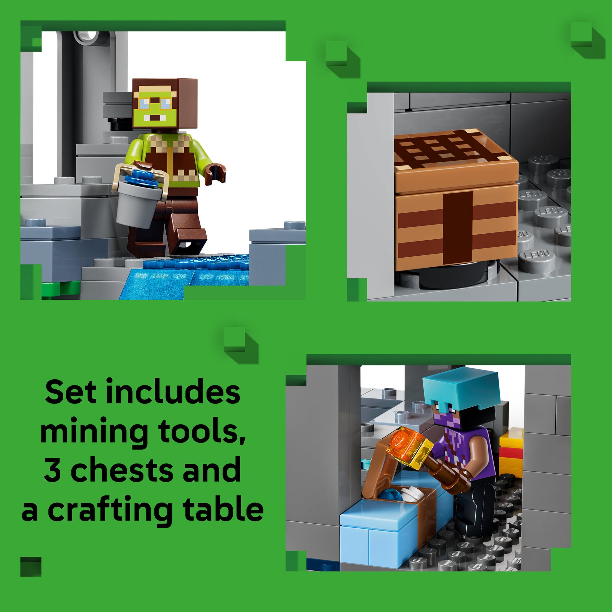mining tools, chests and crafting table in the LEGO 21597 Minecraft Ghast Station Waterfall Set