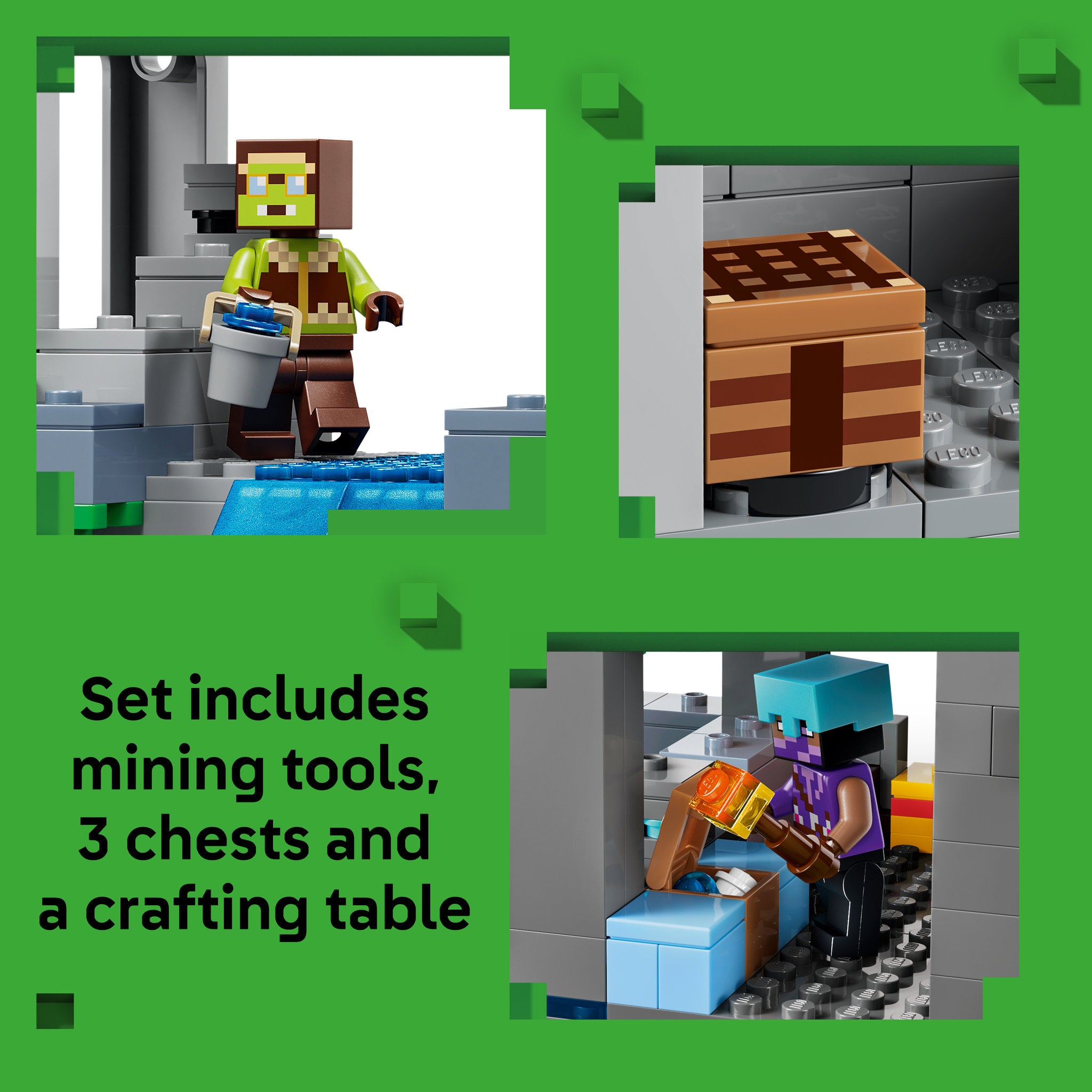 mining tools, chests and crafting table in the LEGO 21597 Minecraft Ghast Station Waterfall Set