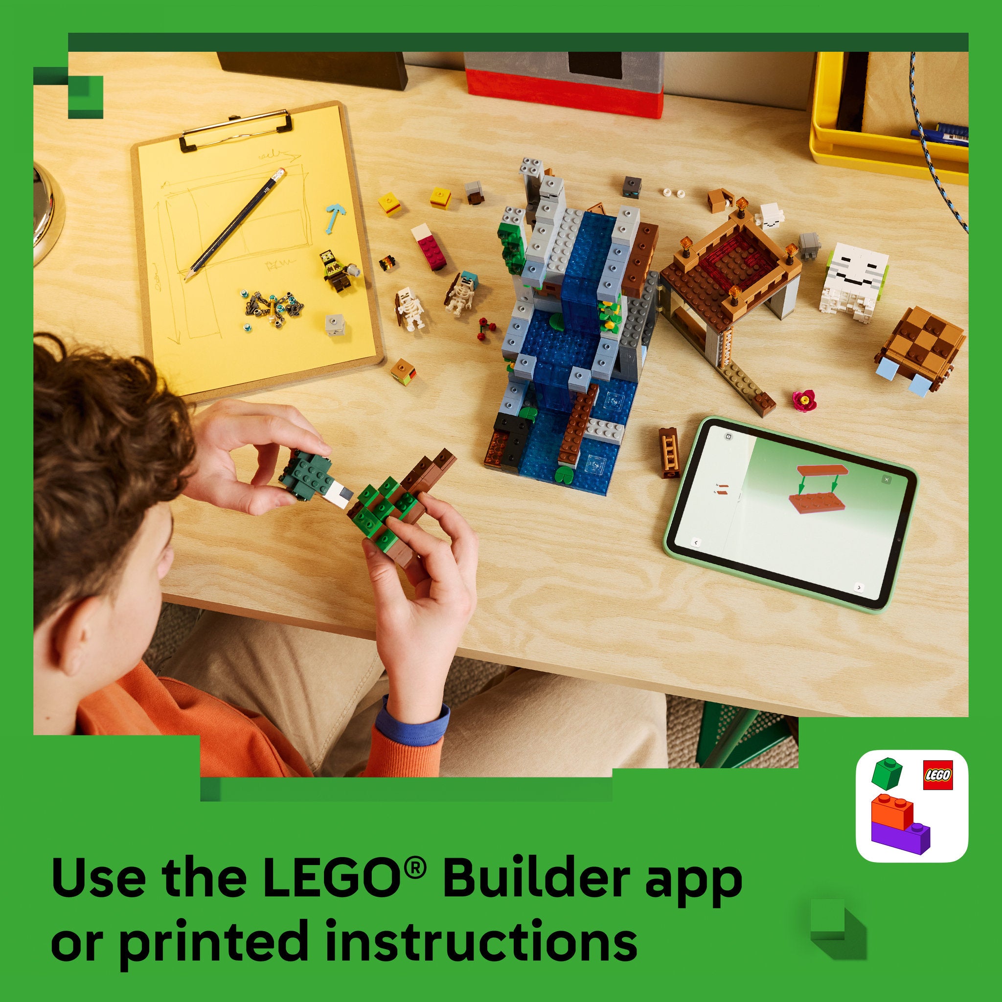 Teenager using the builder app to build the LEGO 21597 Minecraft Ghast Station Waterfall Set