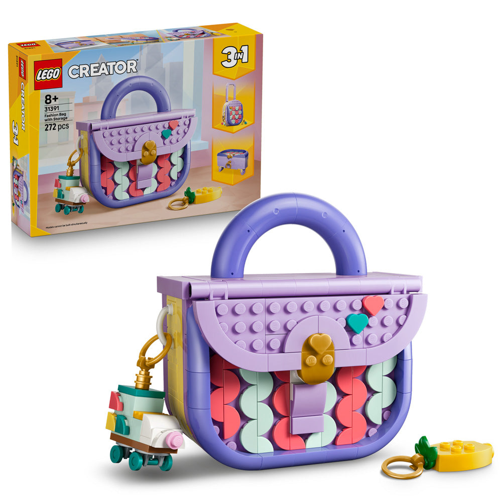 LEGO 31391 Creator Purple Art Fashion Bag Handbag with Storage Set assembled, and in packaging
