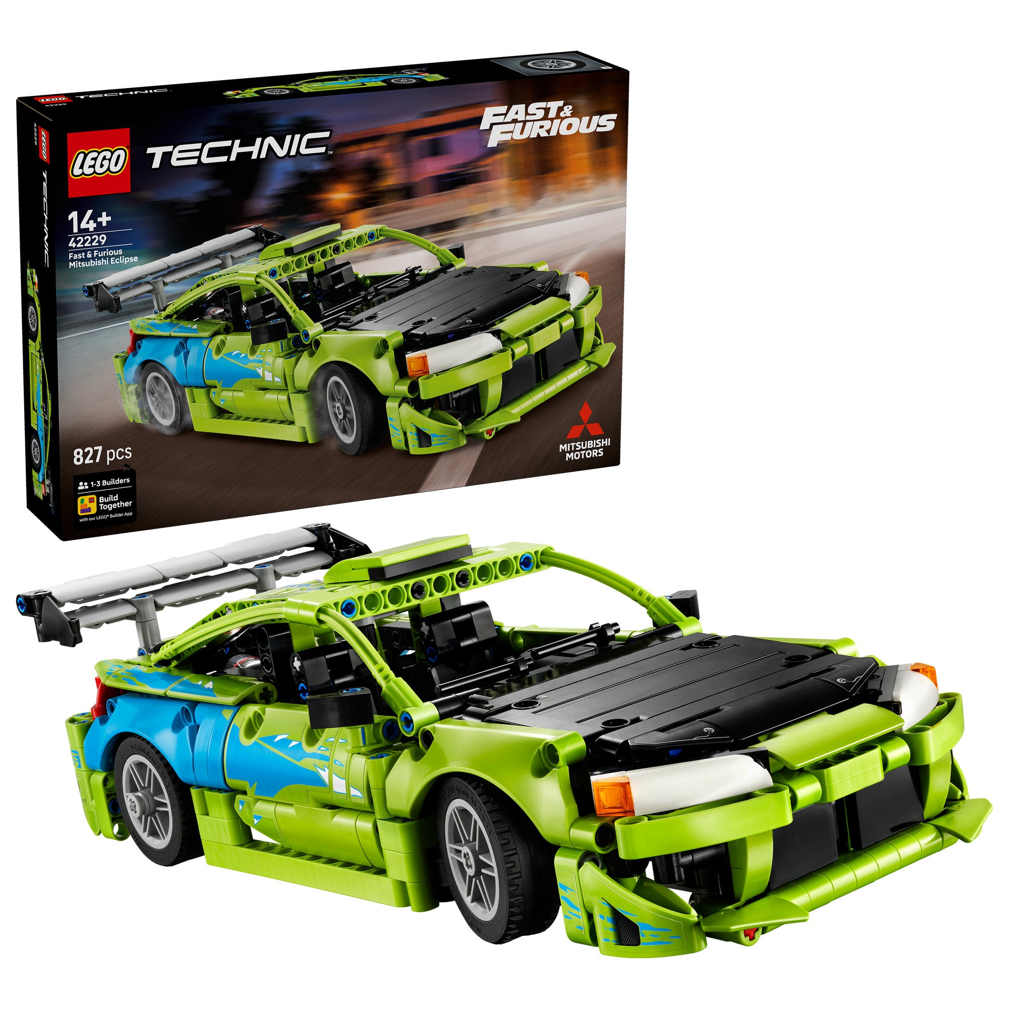 LEGO 42229 Technic Fast and Furious Green Mitsubishi Eclipse Car Set assembled, and in packaging