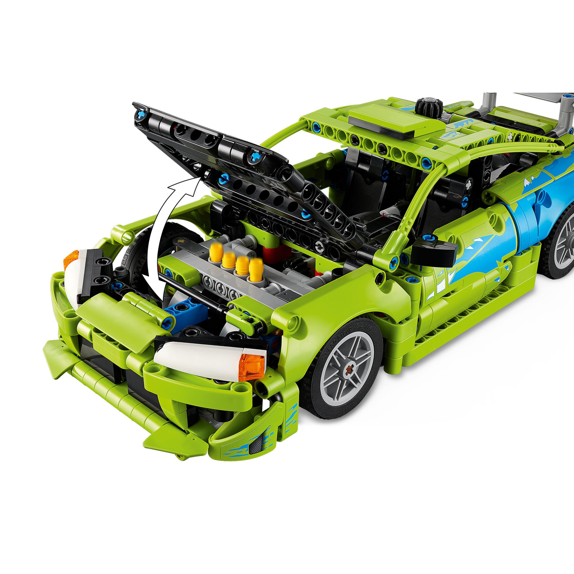 Assembled bonnet opened on the LEGO 42229 Technic Fast and Furious Green Mitsubishi Eclipse Car Set