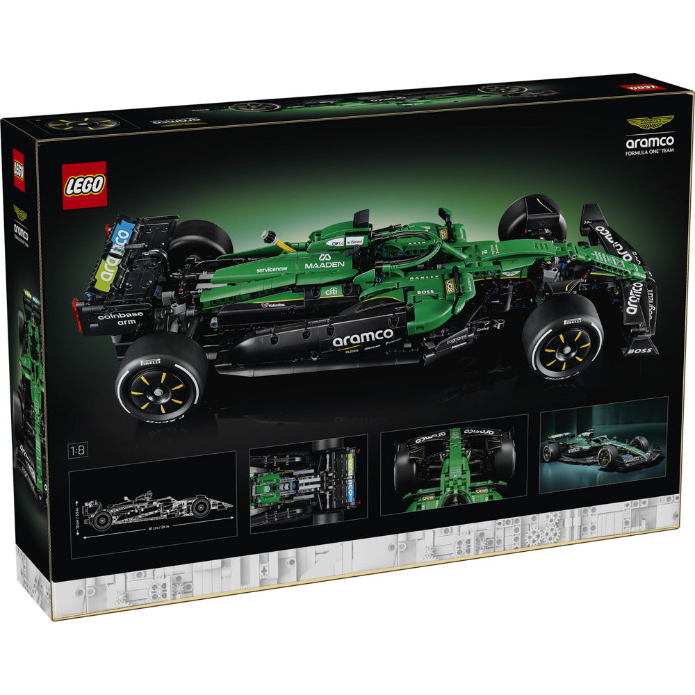 Back packaging of the LEGO 42240 Technic Aston Martin Aramco AMR25 F1® Car Set