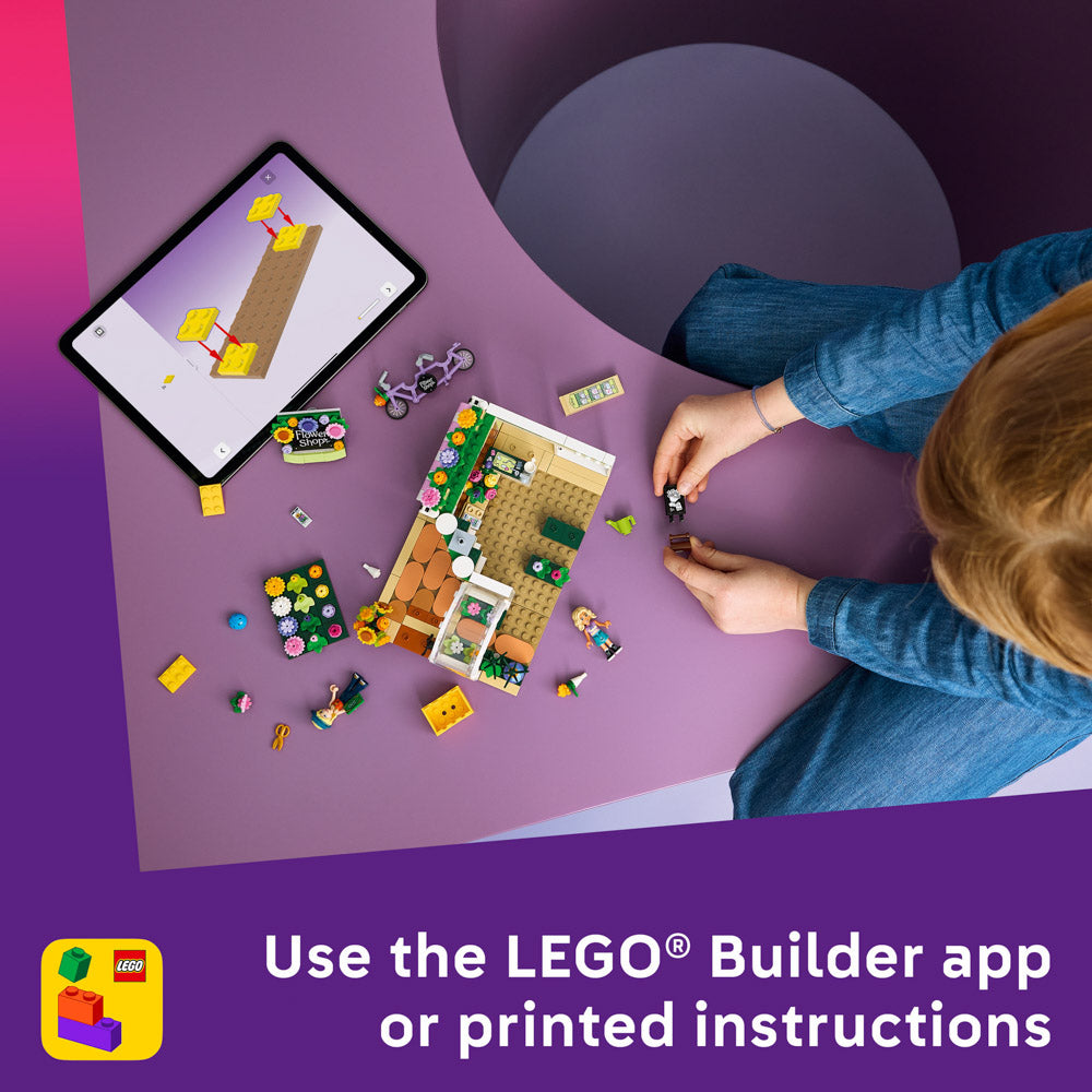 Child using the builder app to make the LEGO 42693 Friends Creative Flower Shop Set