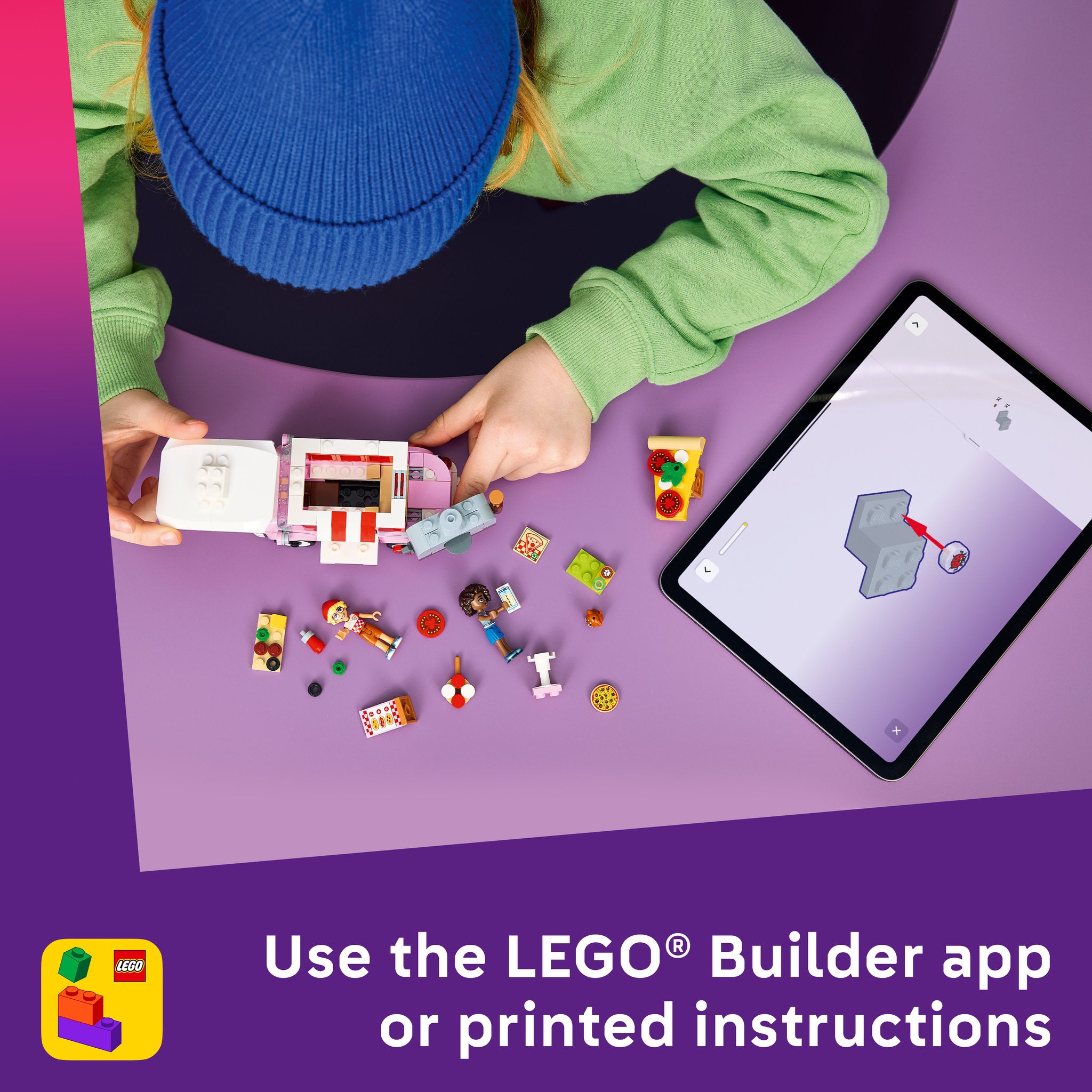 Child using builder app to make LEGO 42694 Friends Pizza Truck Set