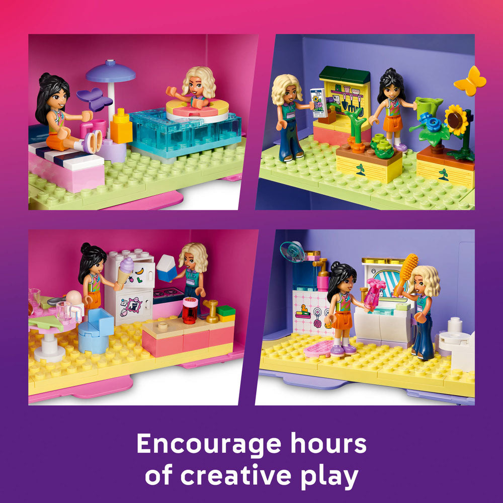 Scenes from the LEGO 42697 Friends Creative Dollhouse Foldable Suitcase set pink purple