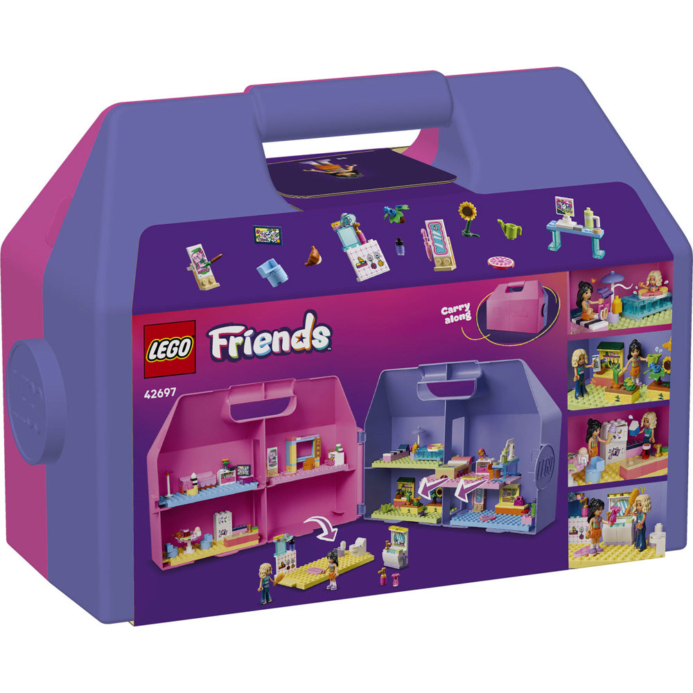 Back packaging of the LEGO 42697 Friends Creative Dollhouse Foldable Suitcase set pink purple