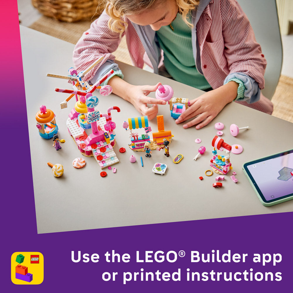 Child using the builder app to make the LEGO 42700 Friends Pink Candy & Cupcake Ferris Wheel Amusement Ride Set