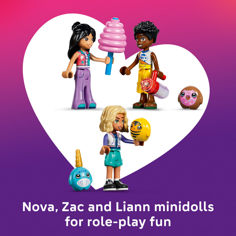 Minidolls Nova, Zac and Liann in the LEGO 42700 Friends Pink Candy & Cupcake Ferris Wheel Amusement Ride Set