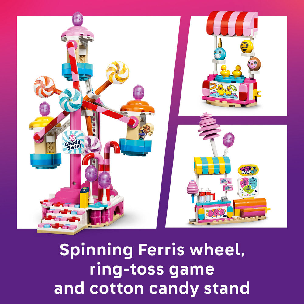 Ferris wheel, ring-toss game and cotton candy stand in the LEGO 42700 Friends Pink Candy & Cupcake Ferris Wheel Amusement Ride Set