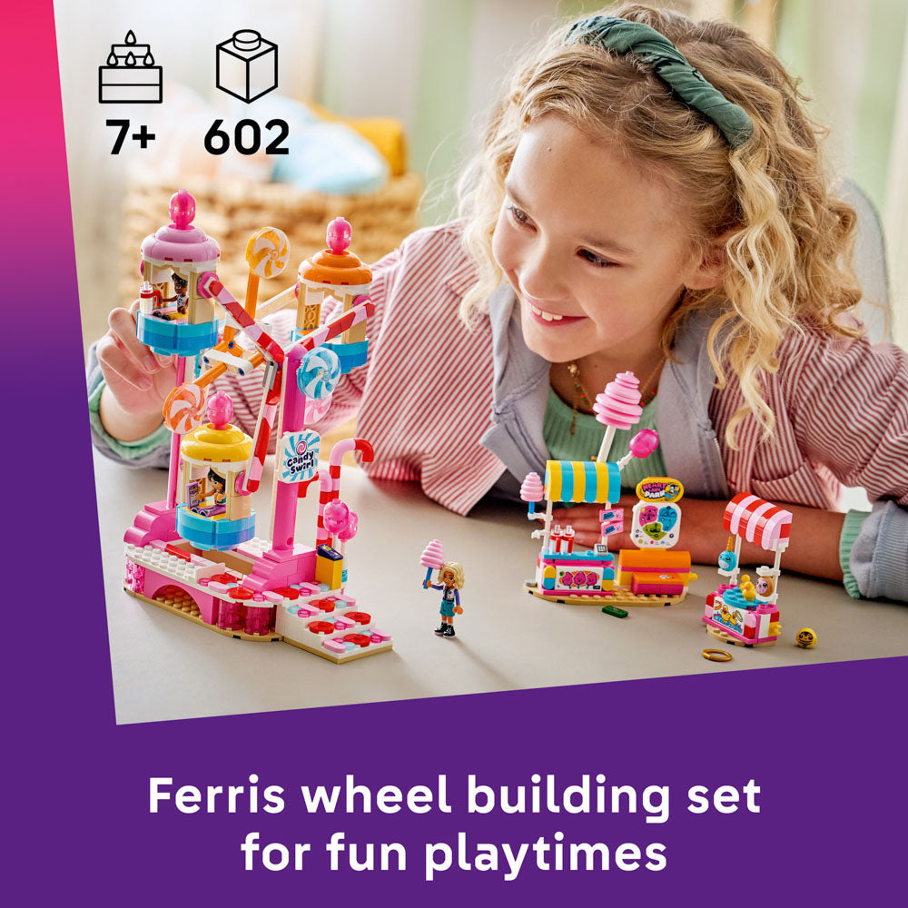 Child playing with the assembled LEGO 42700 Friends Pink Candy & Cupcake Ferris Wheel Amusement Ride Set