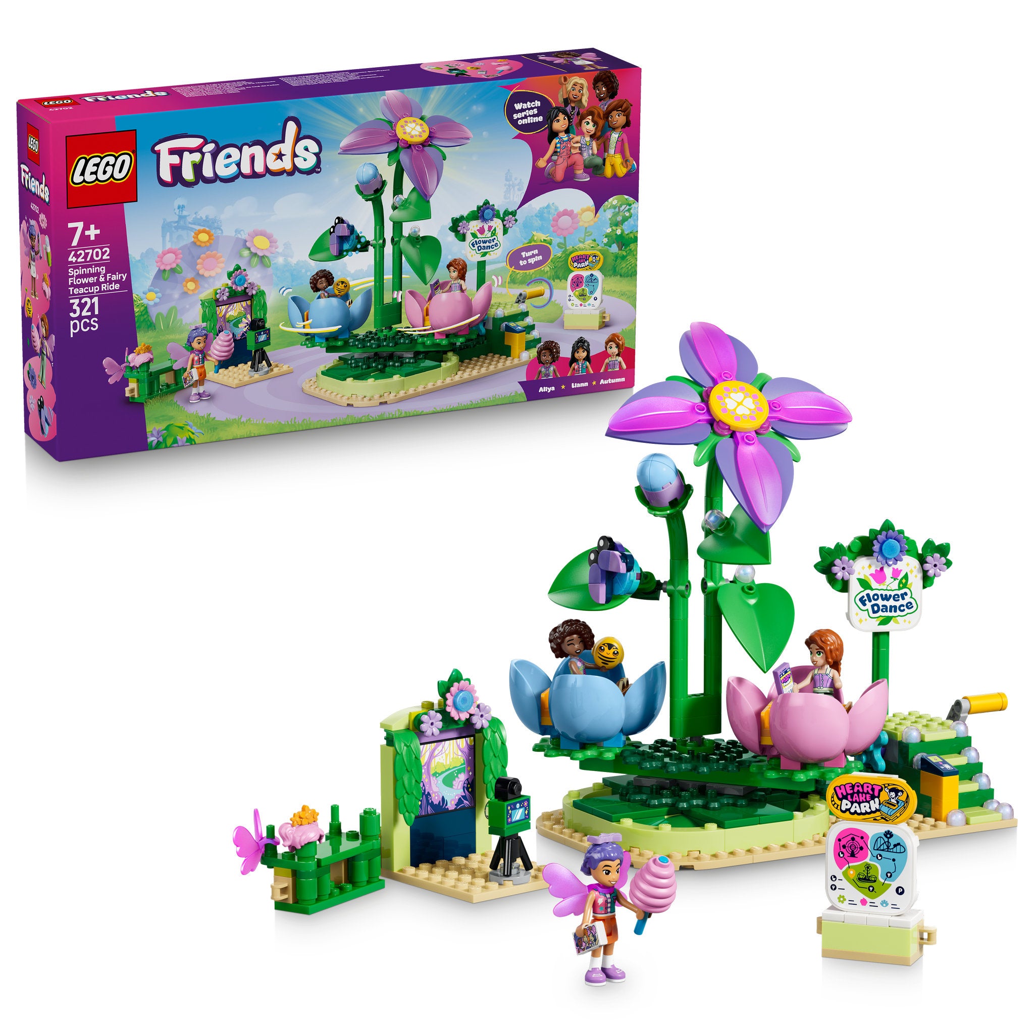 LEGO 42702 Friends Spinning Flower & Fairy Teacup Ride Set assembled, and in packaging