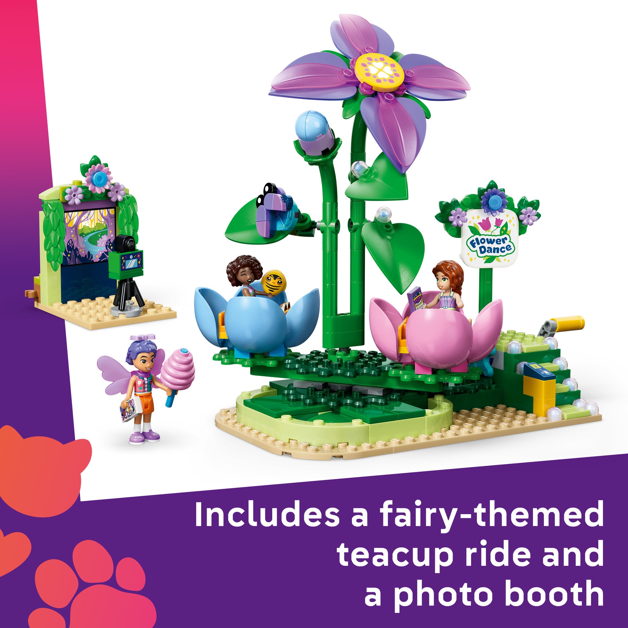 Assembled teacup ride and photobooth, in the  LEGO 42702 Friends Spinning Flower & Fairy Teacup Ride Set