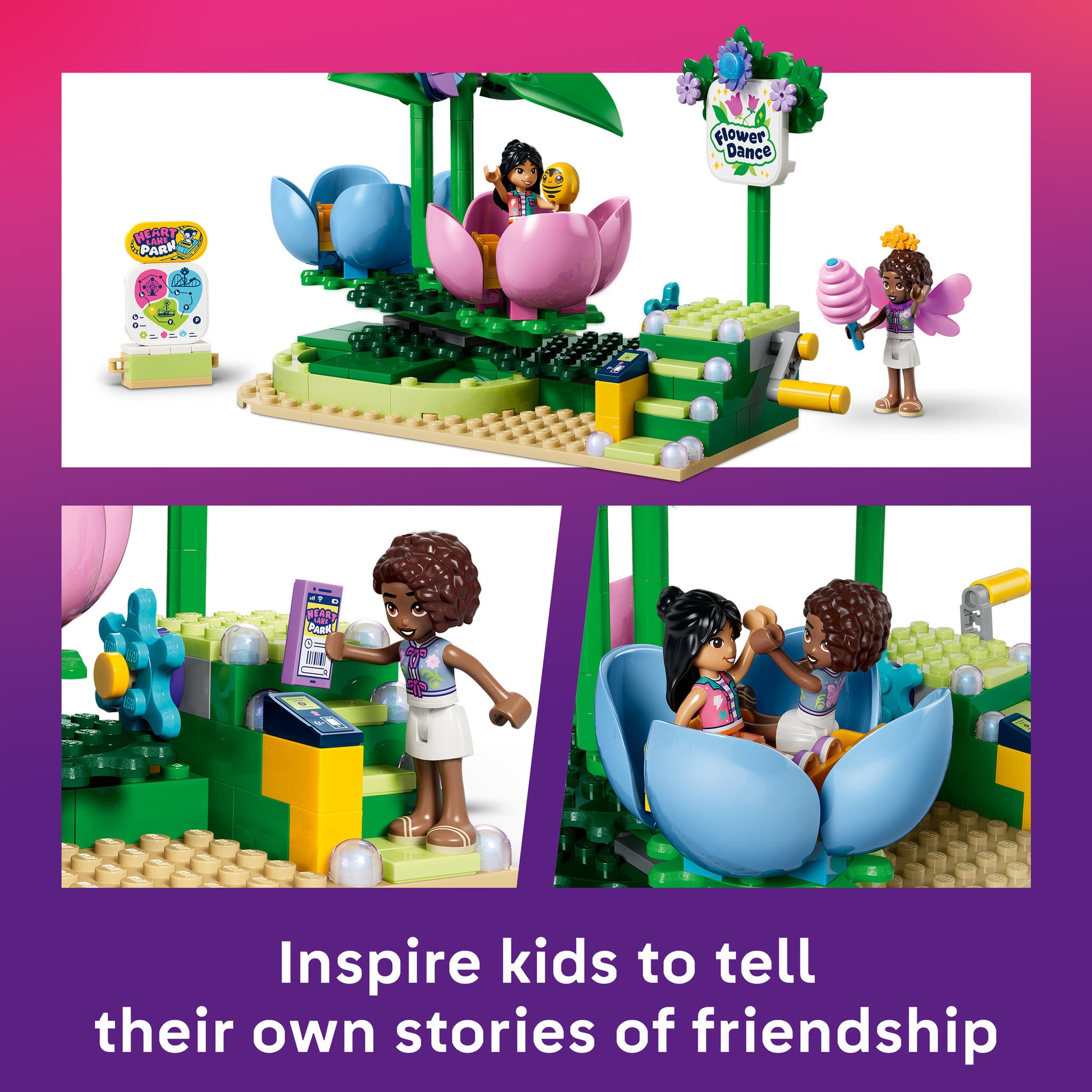 Assembled close-up shots of the ride, in the LEGO 42702 Friends Spinning Flower & Fairy Teacup Ride Set