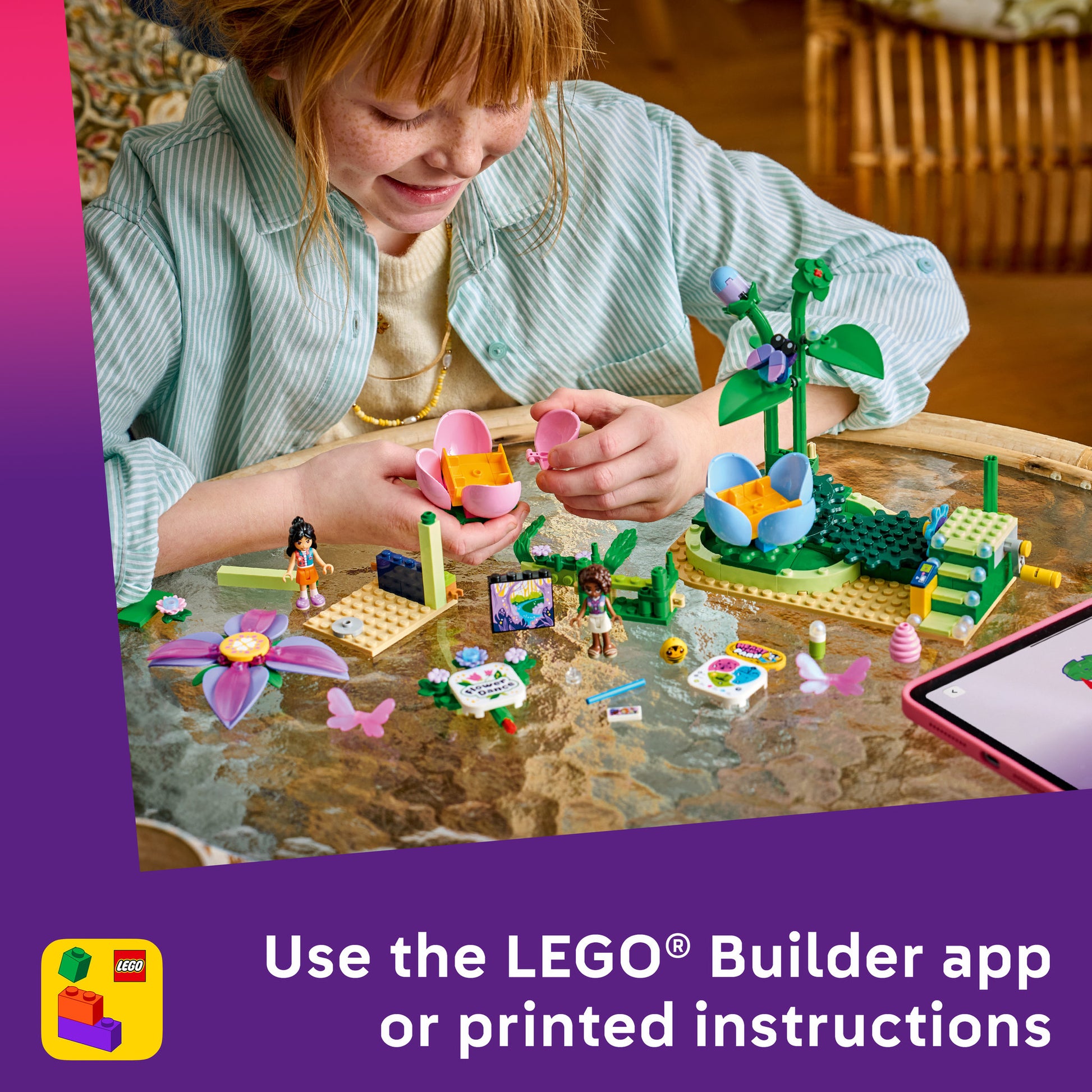 Child assembling the LEGO 42702 Friends Spinning Flower & Fairy Teacup Ride Set