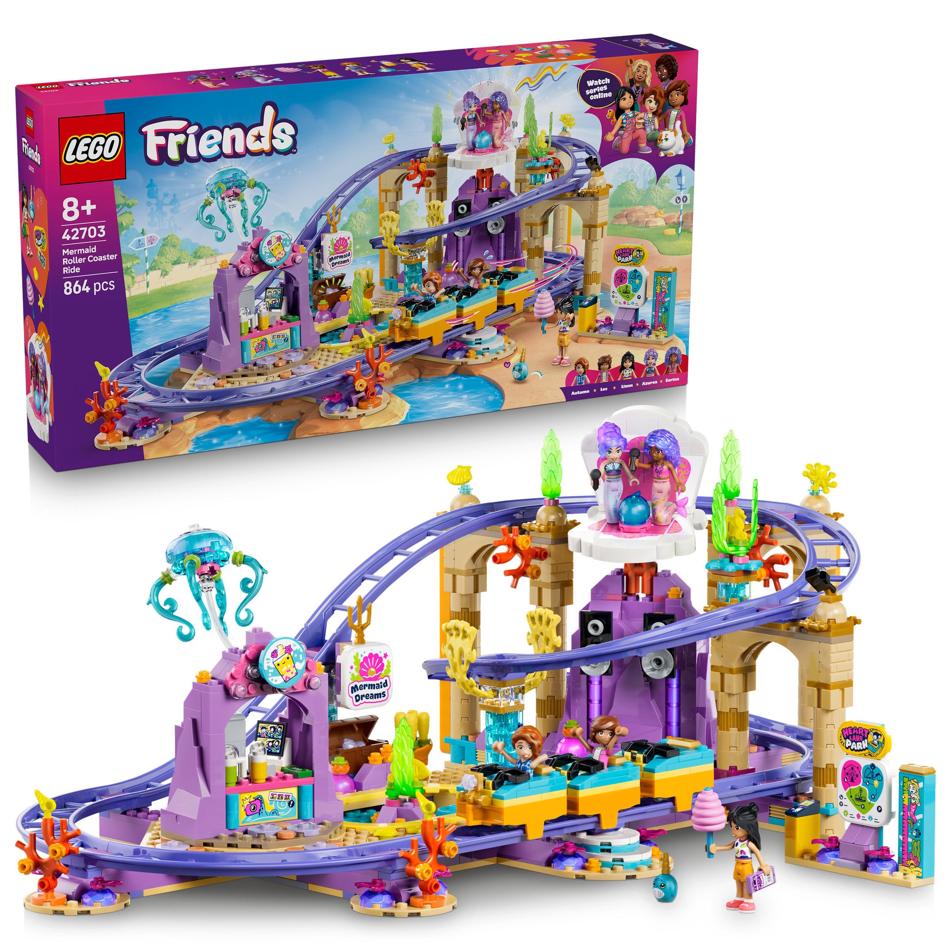 LEGO 42703 Friends Mermaid Roller Coaster Ride Set assembled, and with packaging