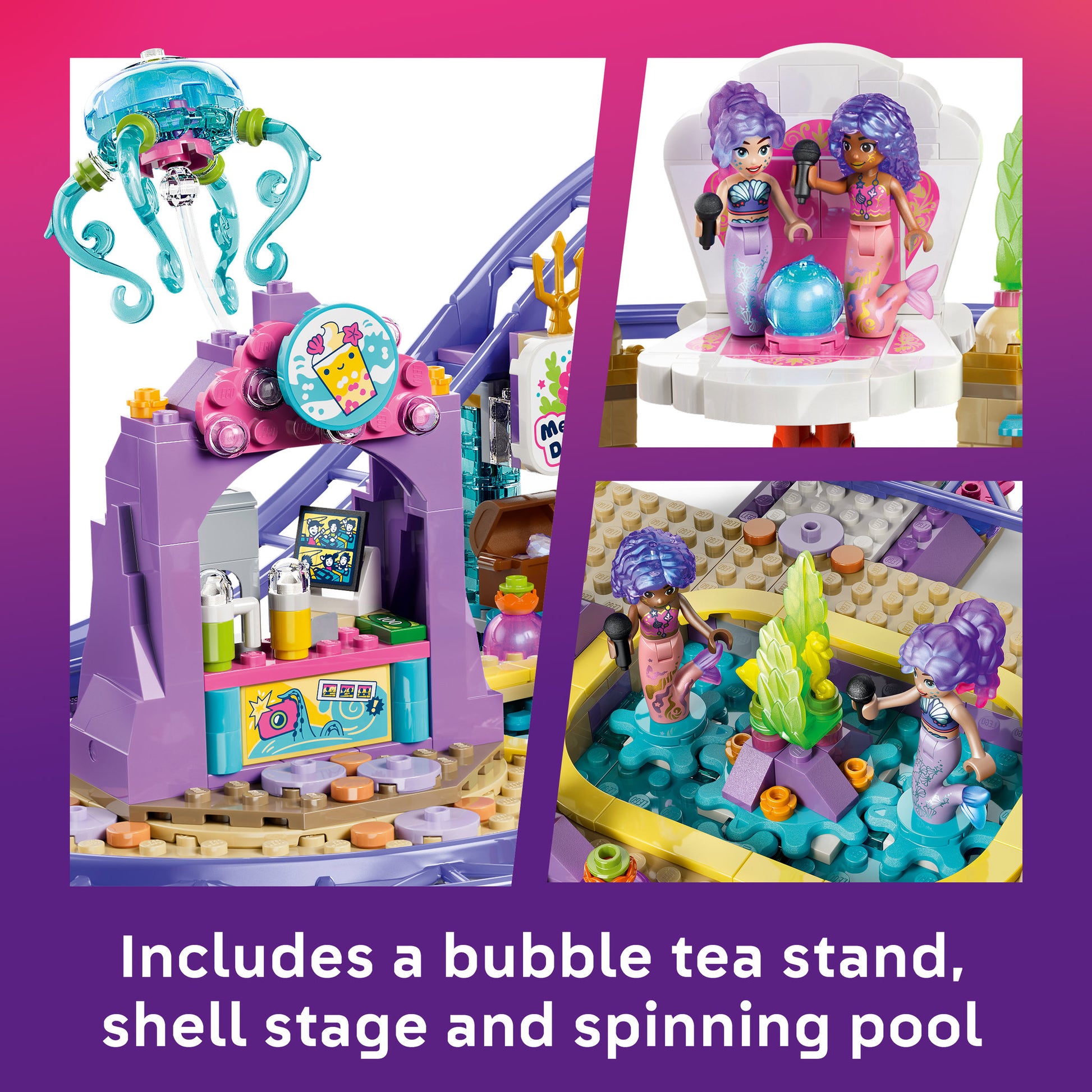 Bubble tea stand, shell stage, and spinning pool, in the LEGO 42703 Friends Mermaid Roller Coaster Ride Set