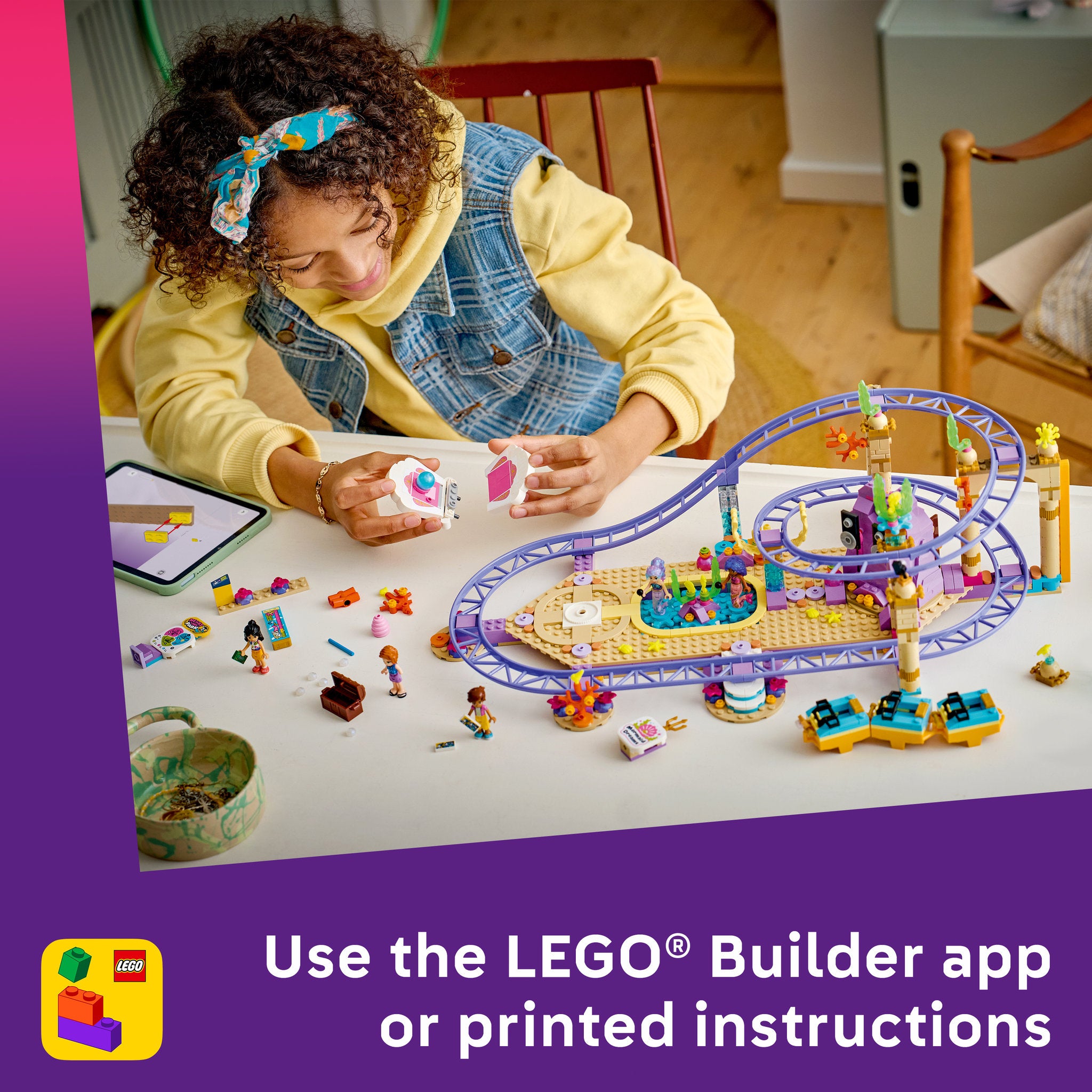 Child using the builder app to make the LEGO 42703 Friends Mermaid Roller Coaster Ride Set