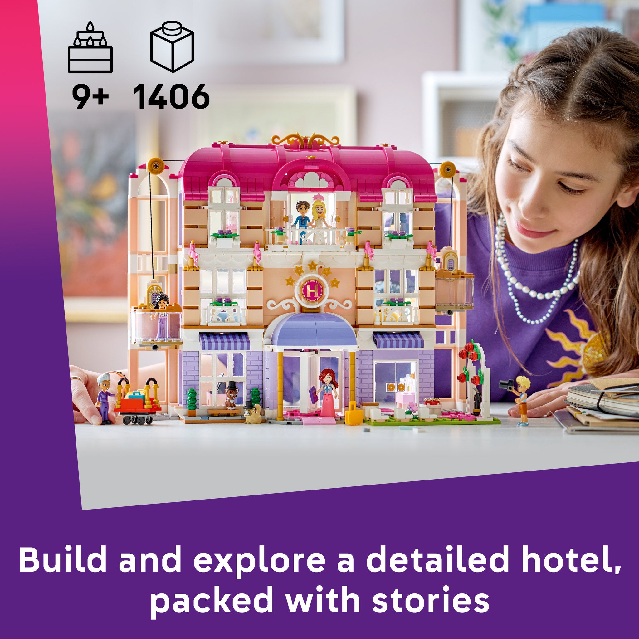 Child playing with the LEGO 42704 Friends Heartlake City Grand Hotel Set
