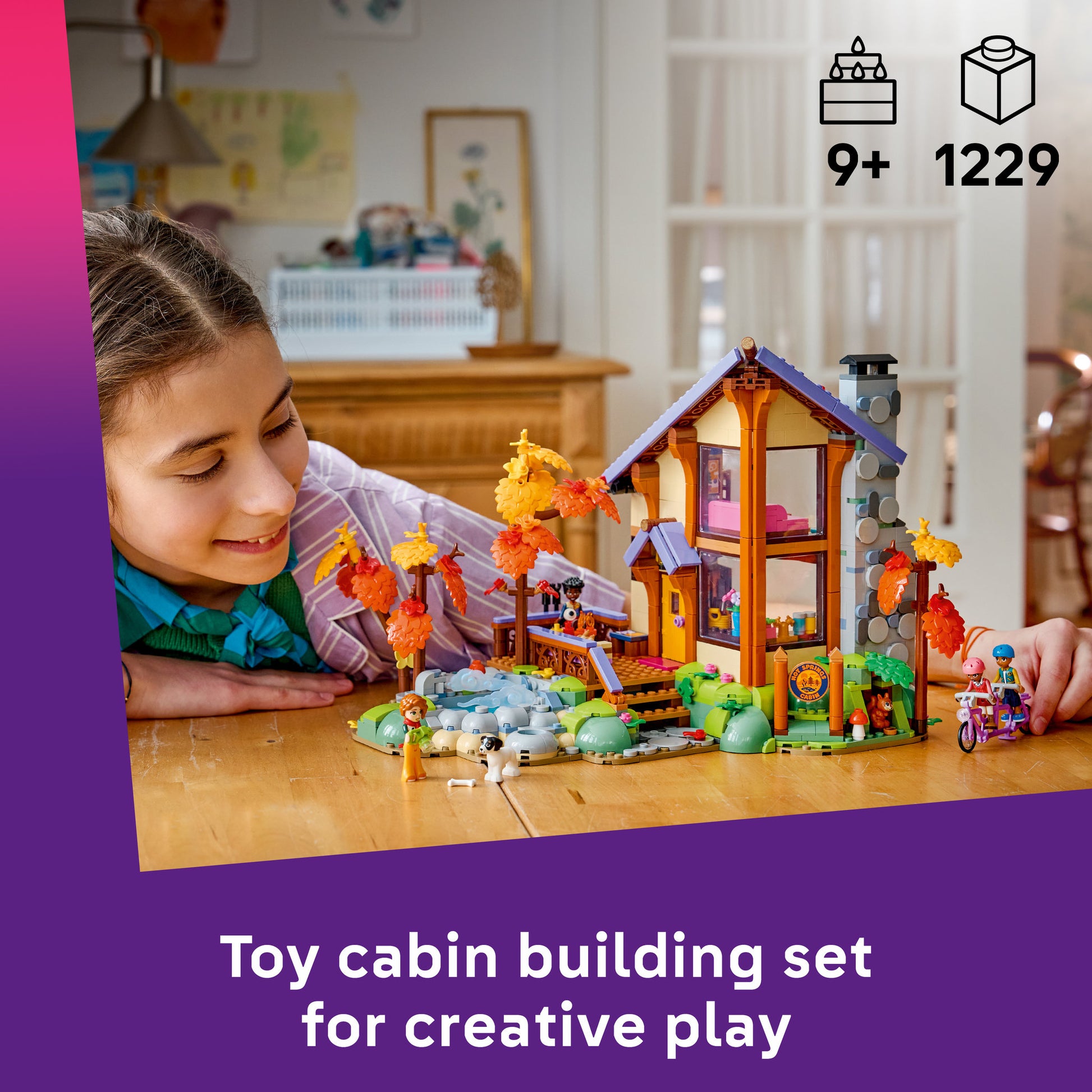 Child playing with LEGO 42705 Friends Cosy Autumn Forest Cabin Set