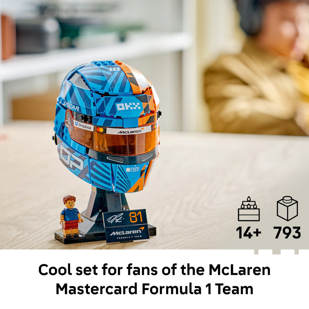 Assembled LEGO 43017 McLaren Mastercard F1 Team Oscar Piastri Helmet set on display