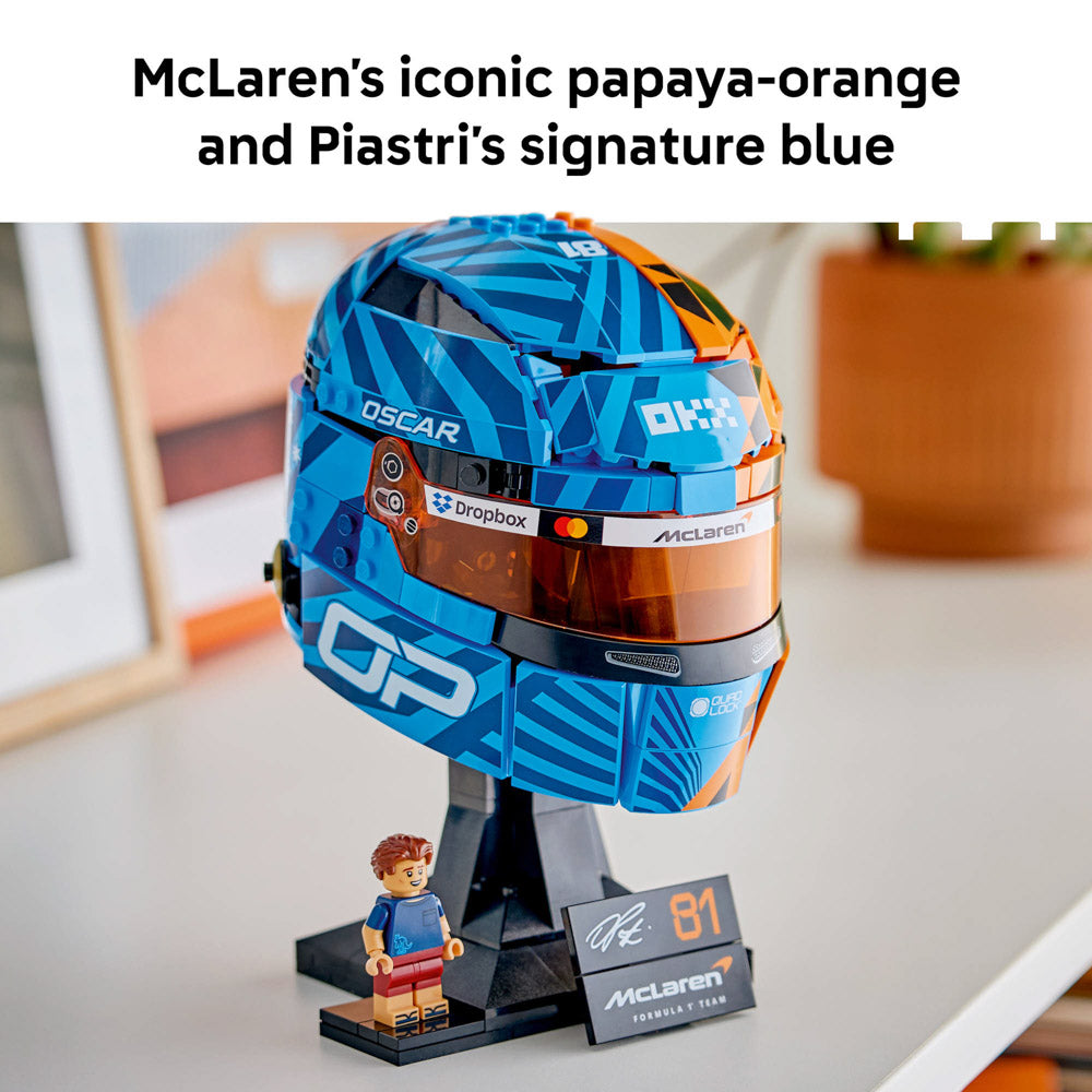 Assembled orange and blue LEGO 43017 McLaren Mastercard F1 Team Oscar Piastri Helmet set