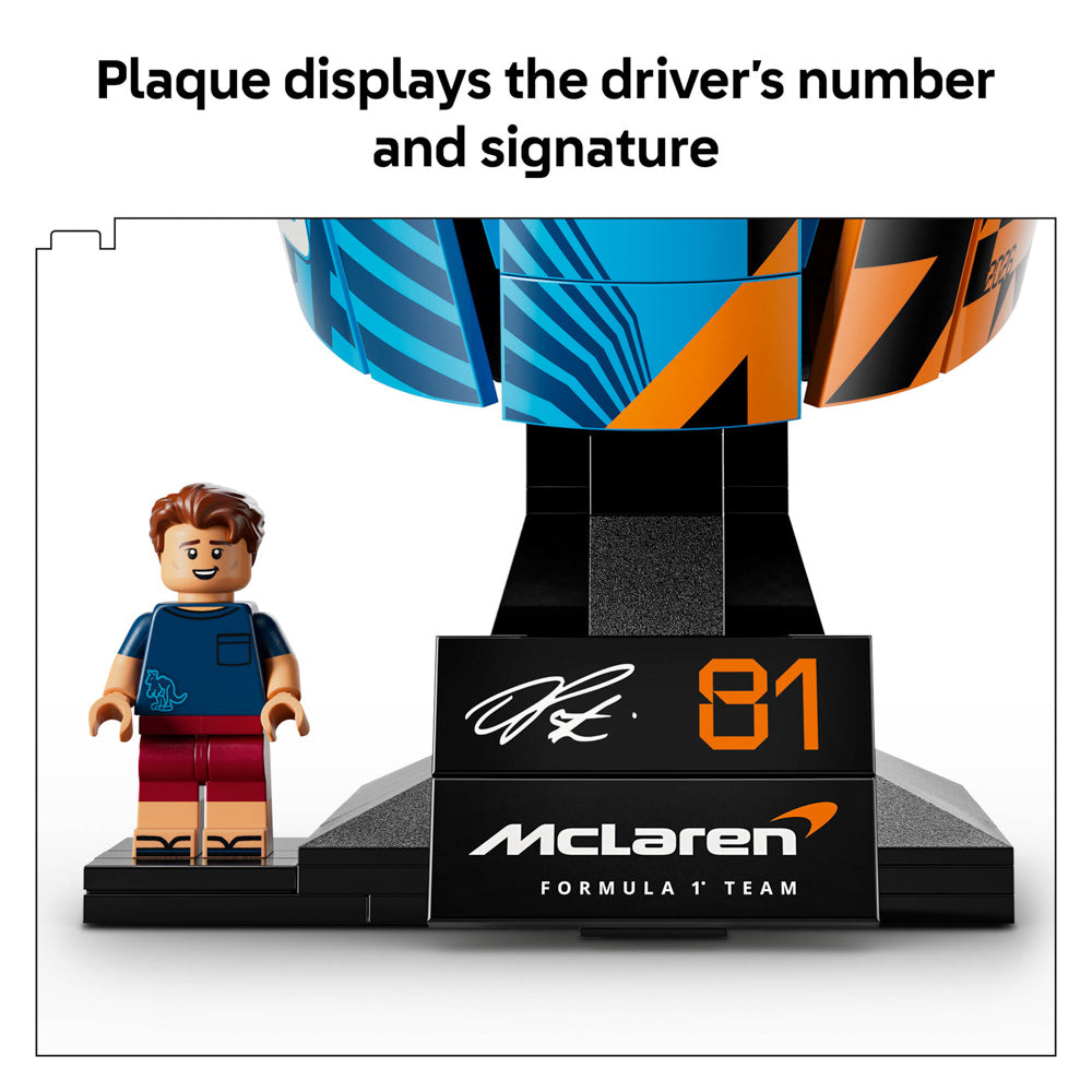 The LEGO 43017 McLaren Mastercard F1 Team Oscar Piastri Helmet set includes a minifigure and signature