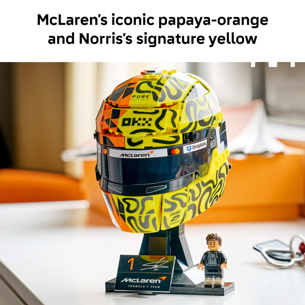 Assembled LEGO 43023 McLaren Mastercard F1 Team Lando Norris Helmet set on display
