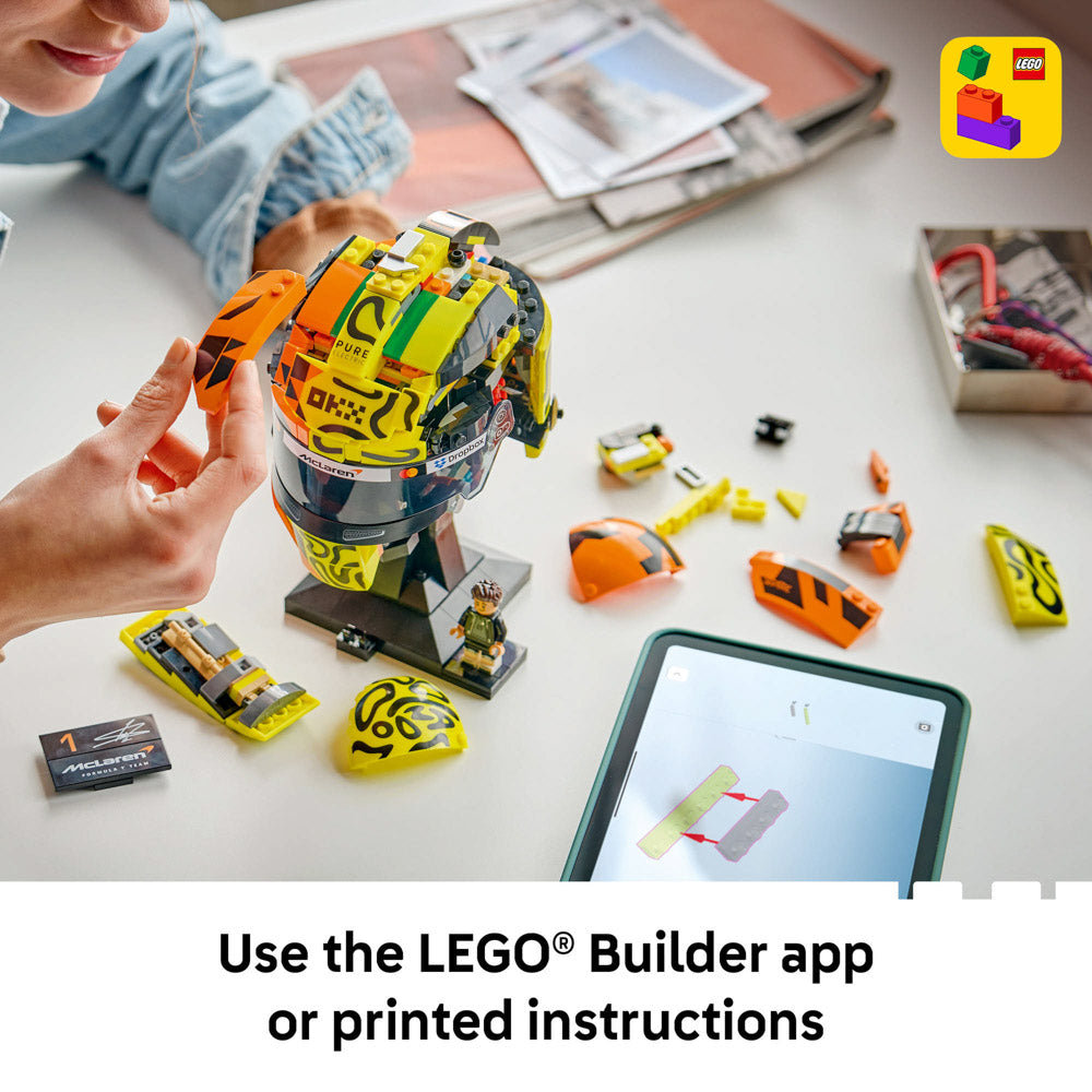 Use the lego builder app to make the LEGO 43023 McLaren Mastercard F1 Team Lando Norris Helmet set