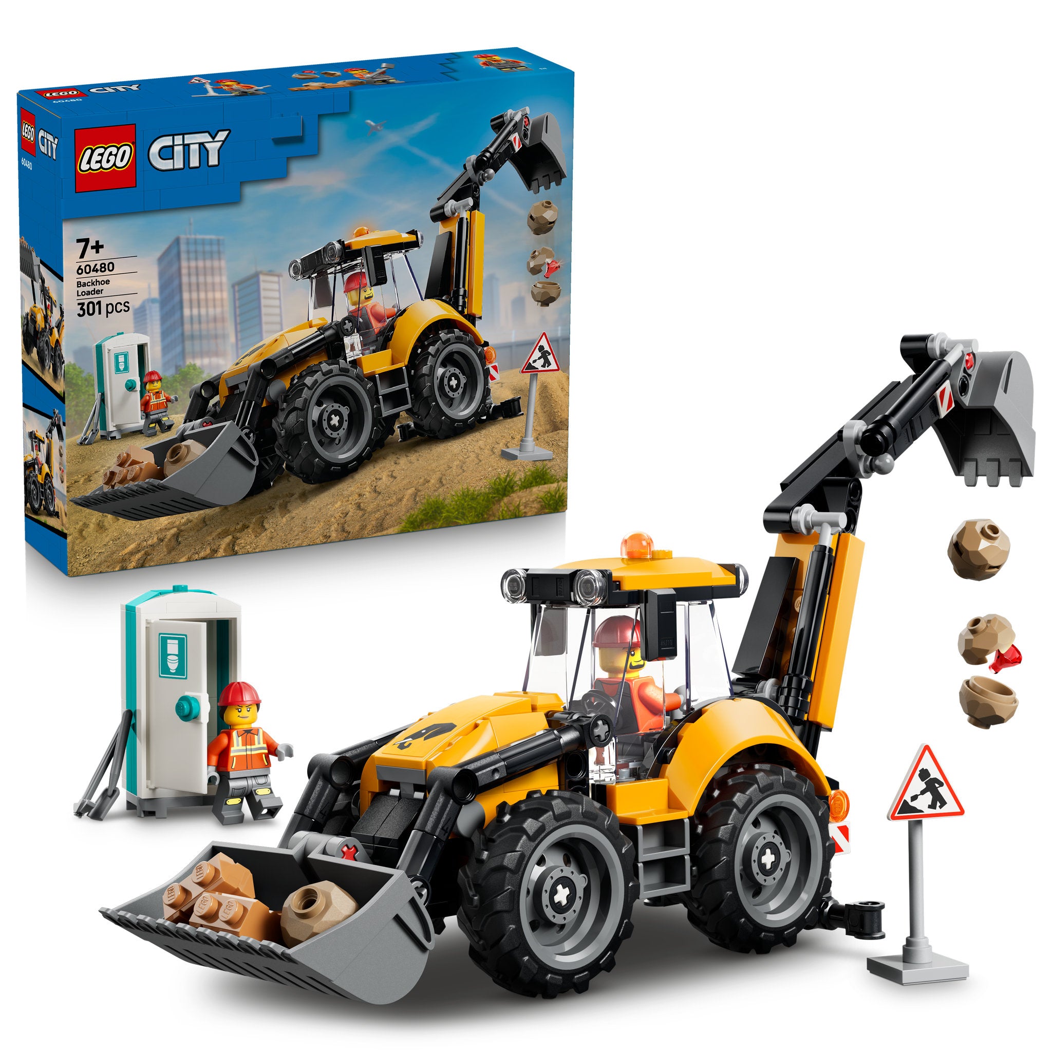 LEGO 60480 City Yellow Backhoe Loader Set in packaging, and assembled