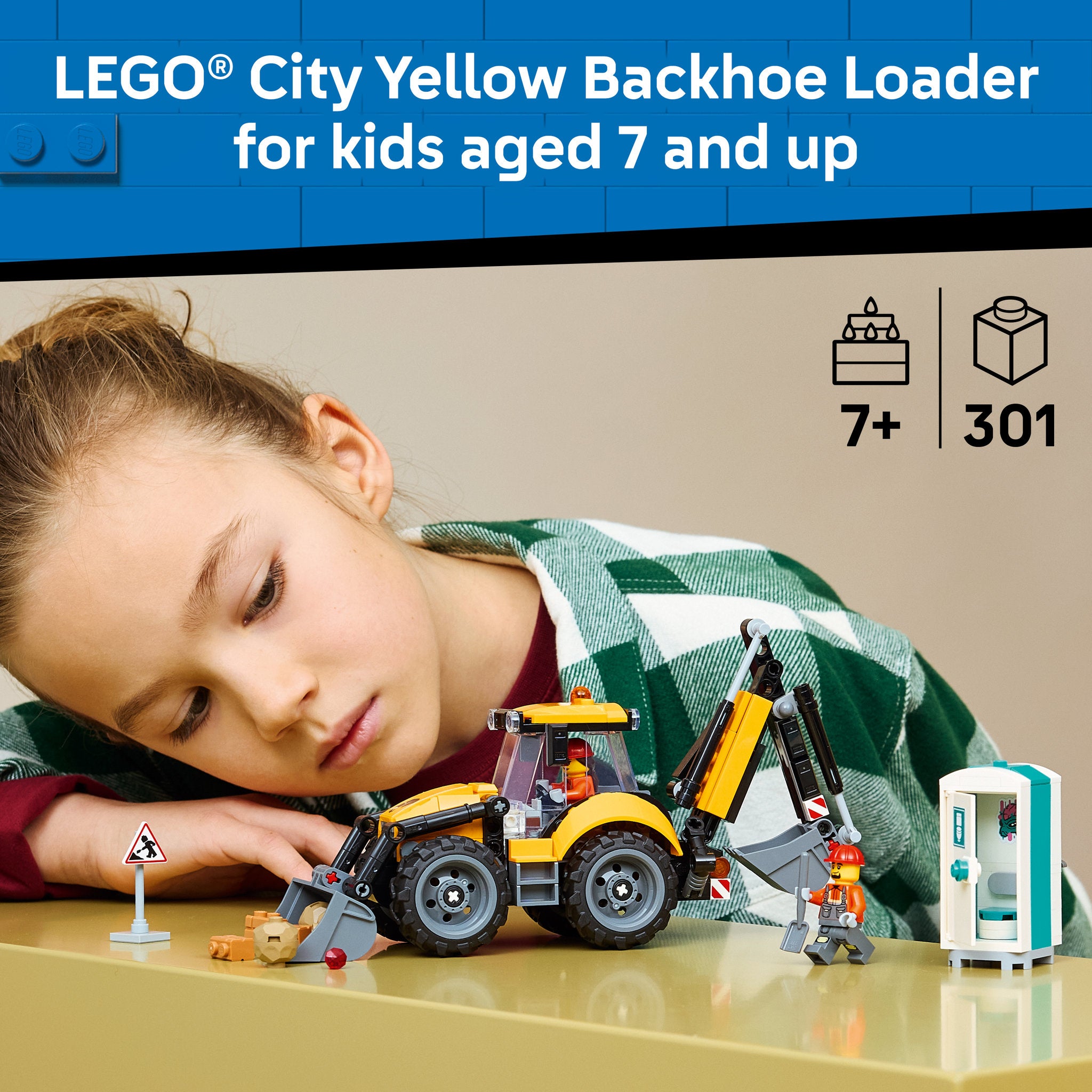 Child playing with LEGO 60480 City Yellow Backhoe Loader Set