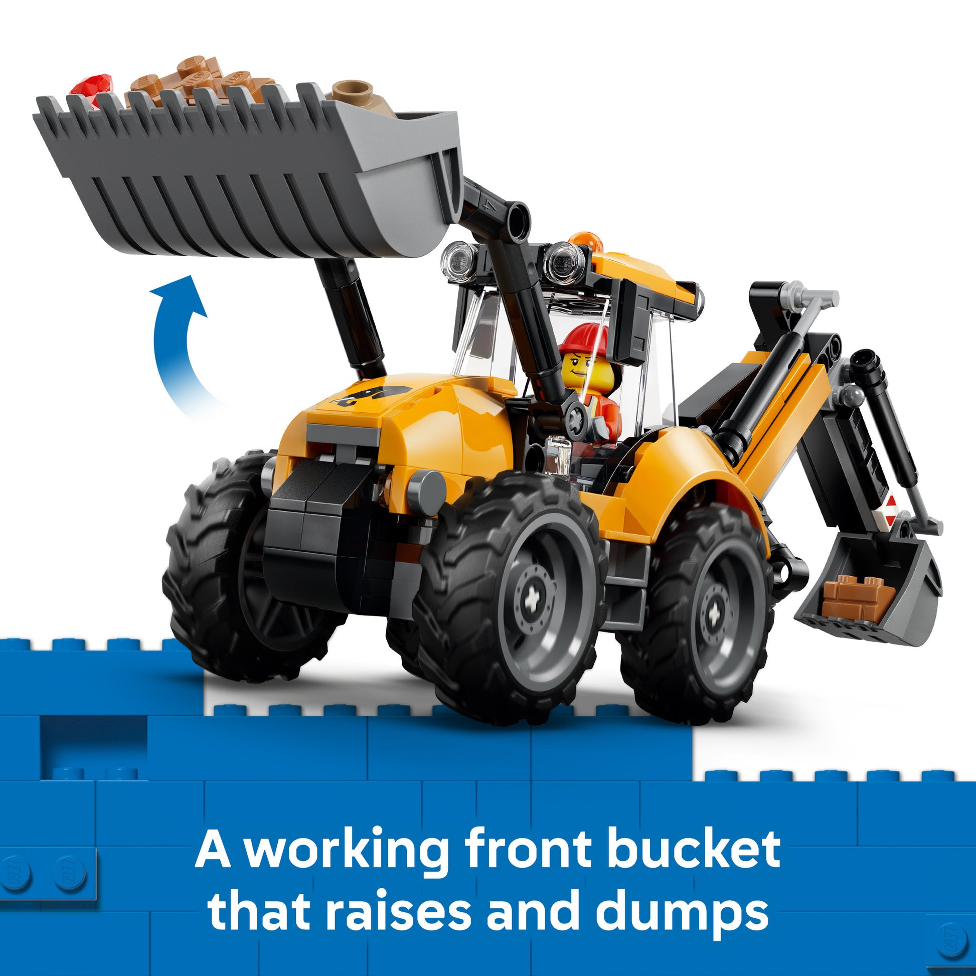 Functional front bucket of loader in LEGO 60480 City Yellow Backhoe Loader Set