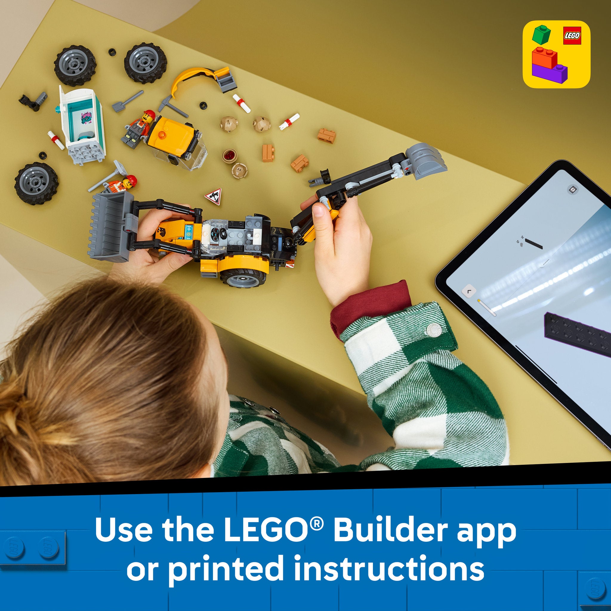 Child building the LEGO 60480 City Yellow Backhoe Loader Set, guided by the builder app.