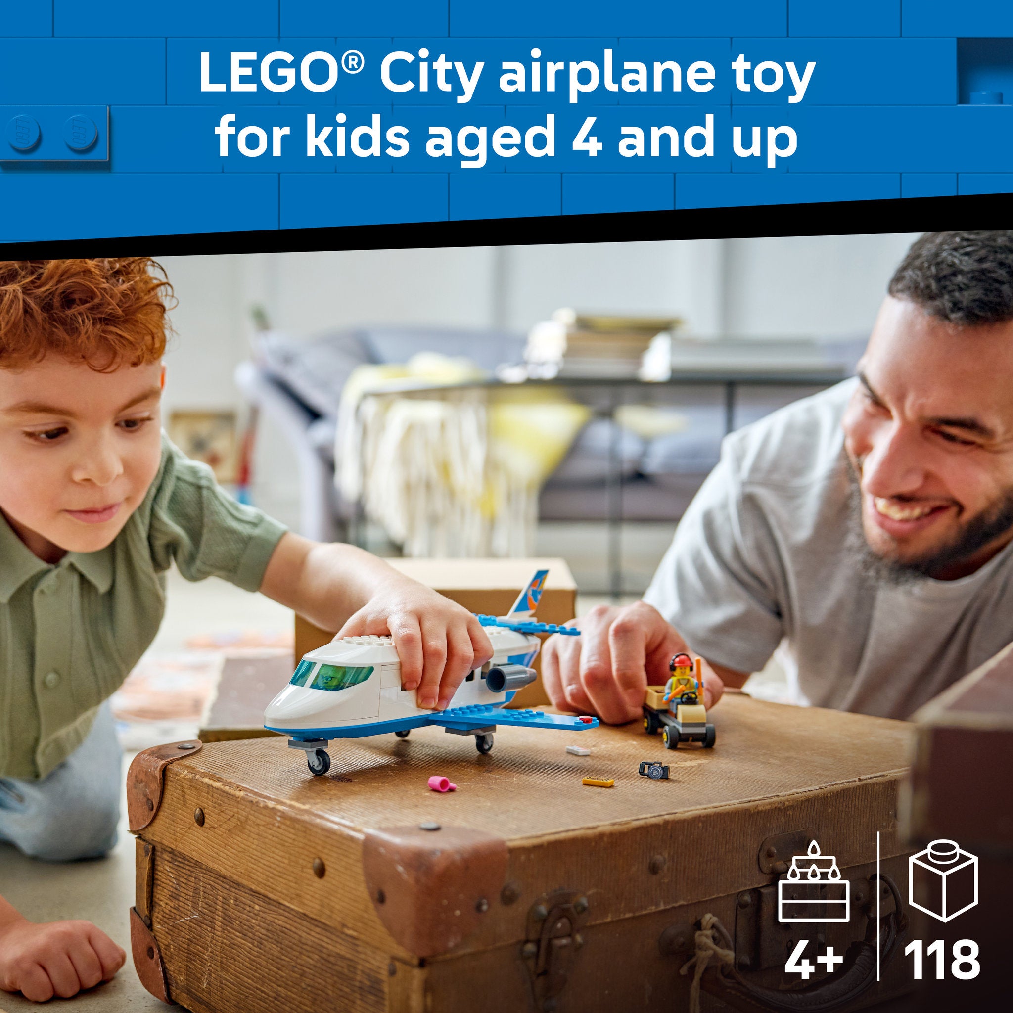 Child and parent playing with assembled LEGO 60492 City Passenger Jet Set