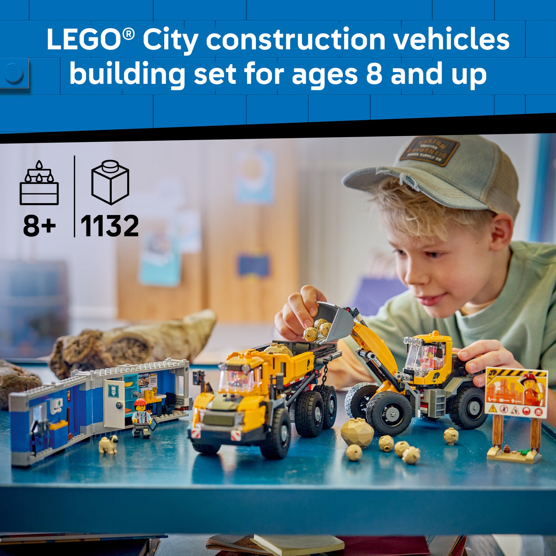 Child playing with assembled LEGO 60494 City Dump Truck & Front End Loader Set