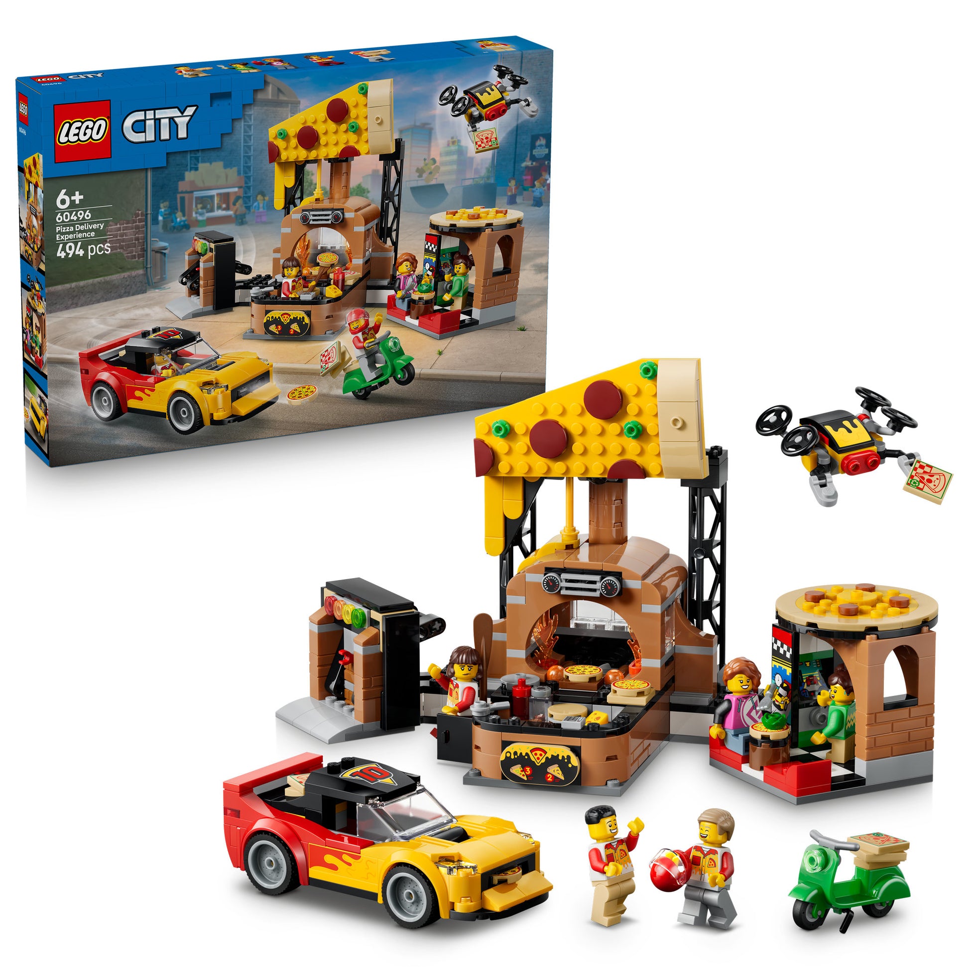LEGO 60496 City Pizza Delivery Experience With Vehicles Set in packaging, and assembled