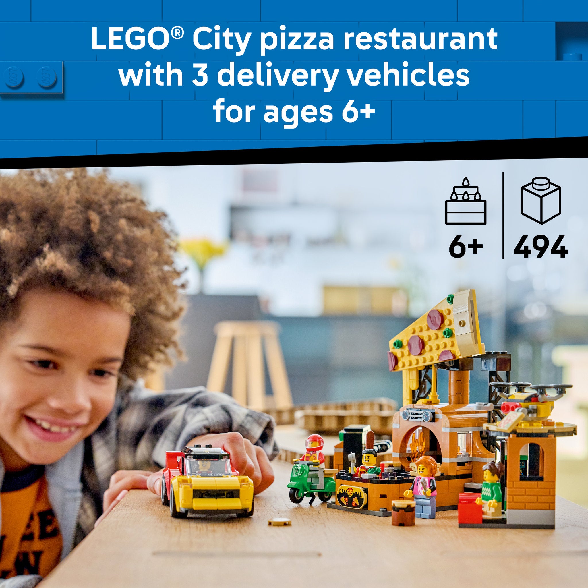 Child playing with LEGO 60496 City Pizza Delivery Experience With Vehicles Set