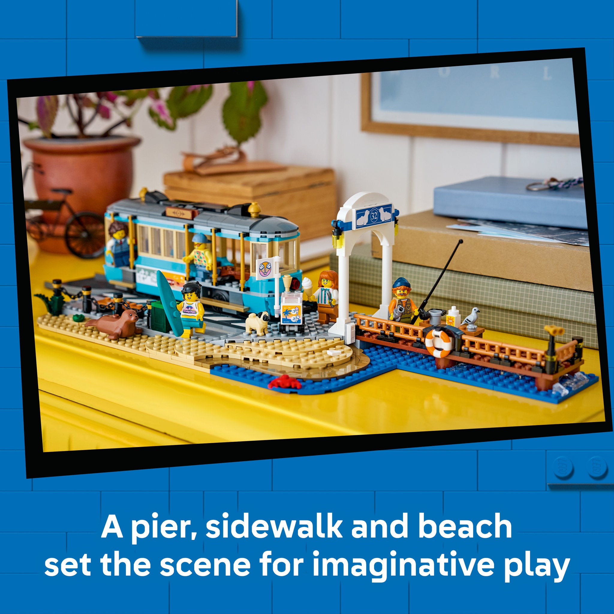 Assembled LEGO 60506 City Classic Beach Streetcar Set, on display in home