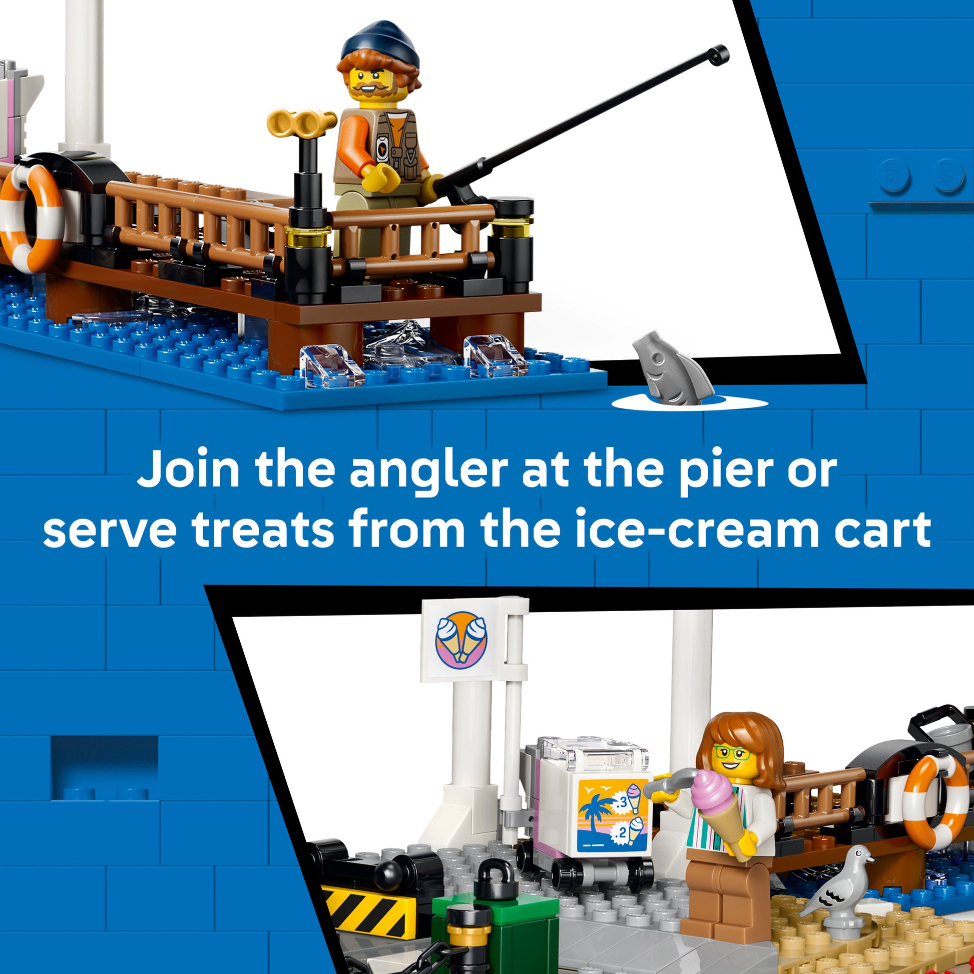 Angler on pier and the ice cream cart, on the LEGO 60506 City Classic Beach Streetcar Set