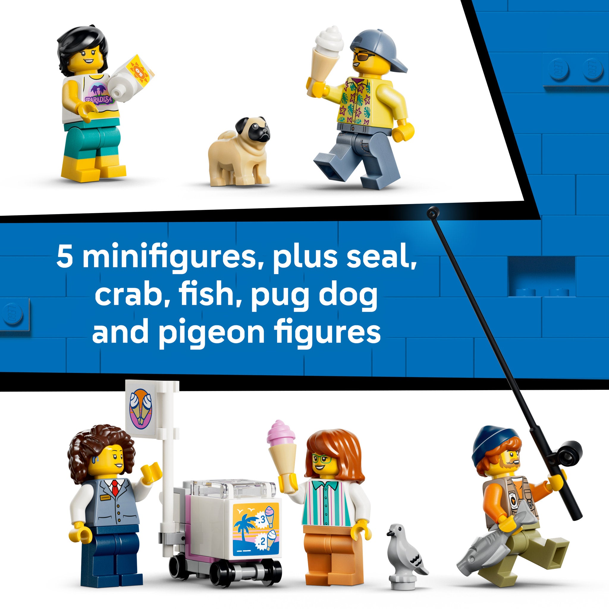 People Minifigures and seal, crab, fish, pug dog, and pigeon in the LEGO 60506 City Classic Beach Streetcar Set