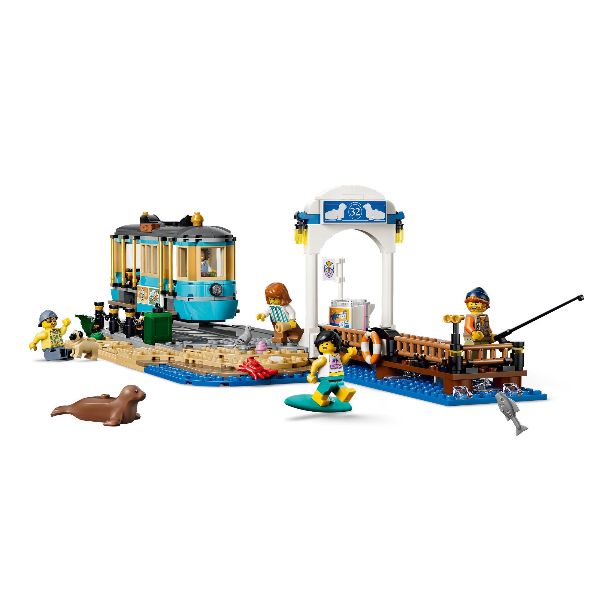 Assembled scene of the LEGO 60506 City Classic Beach Streetcar Set