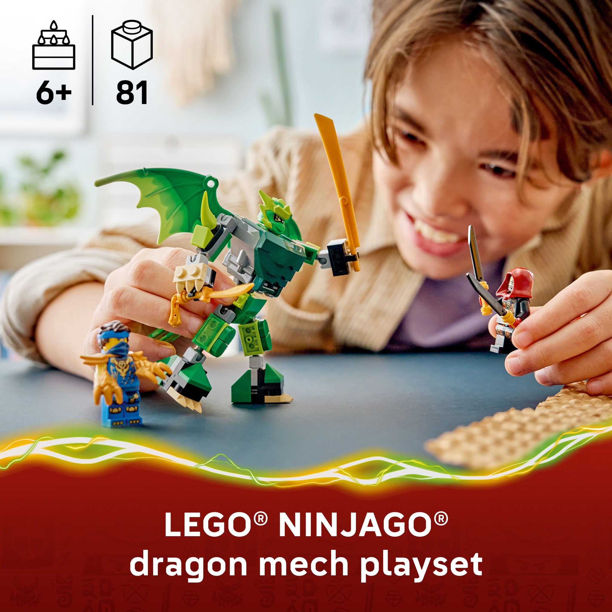 Child playing with the LEGO 71862 NINJAGO Lloyds Dragon Mech Battle Pack Set