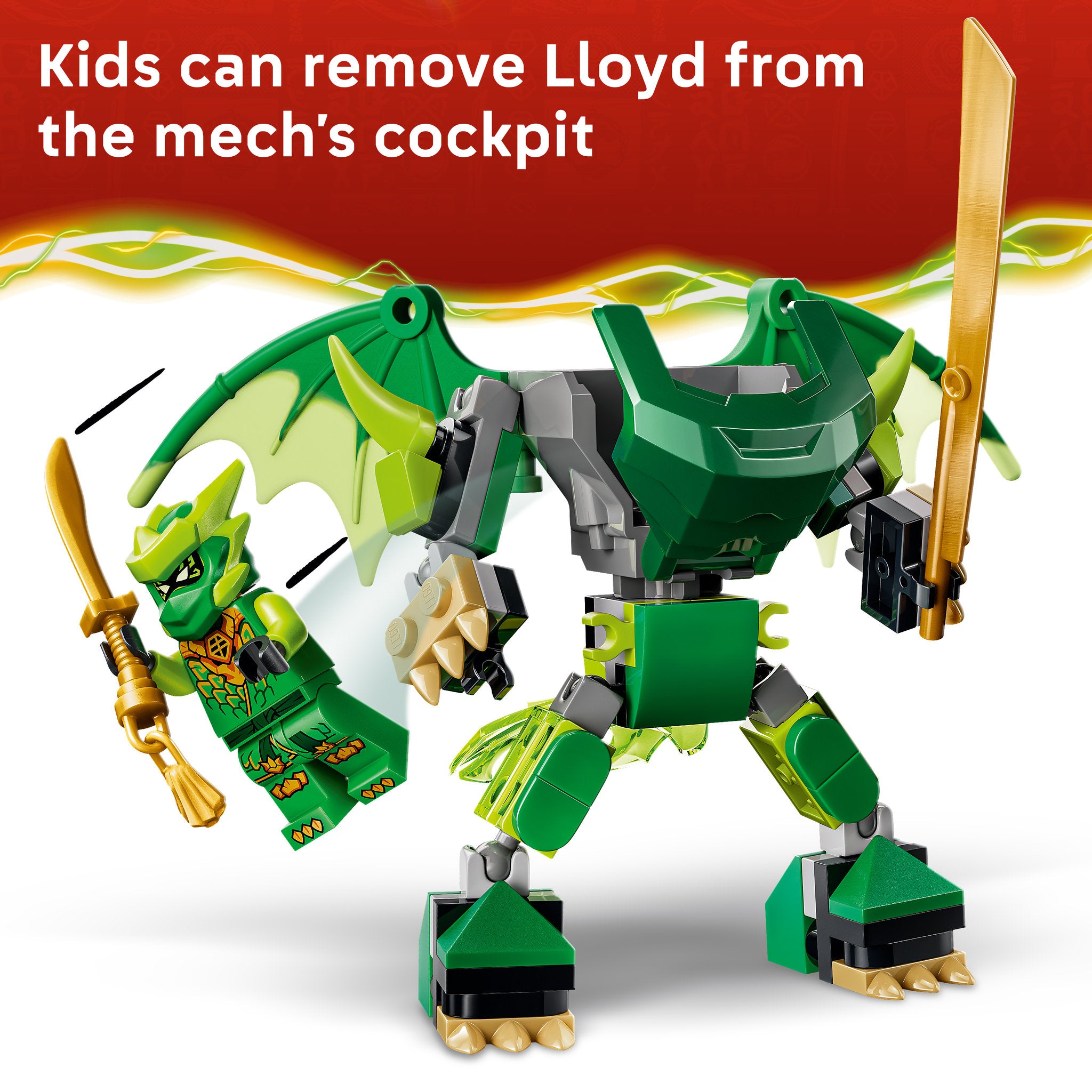 Lloyd in the cockpit of the mech, from the LEGO 71862 NINJAGO Lloyds Dragon Mech Battle Pack Set
