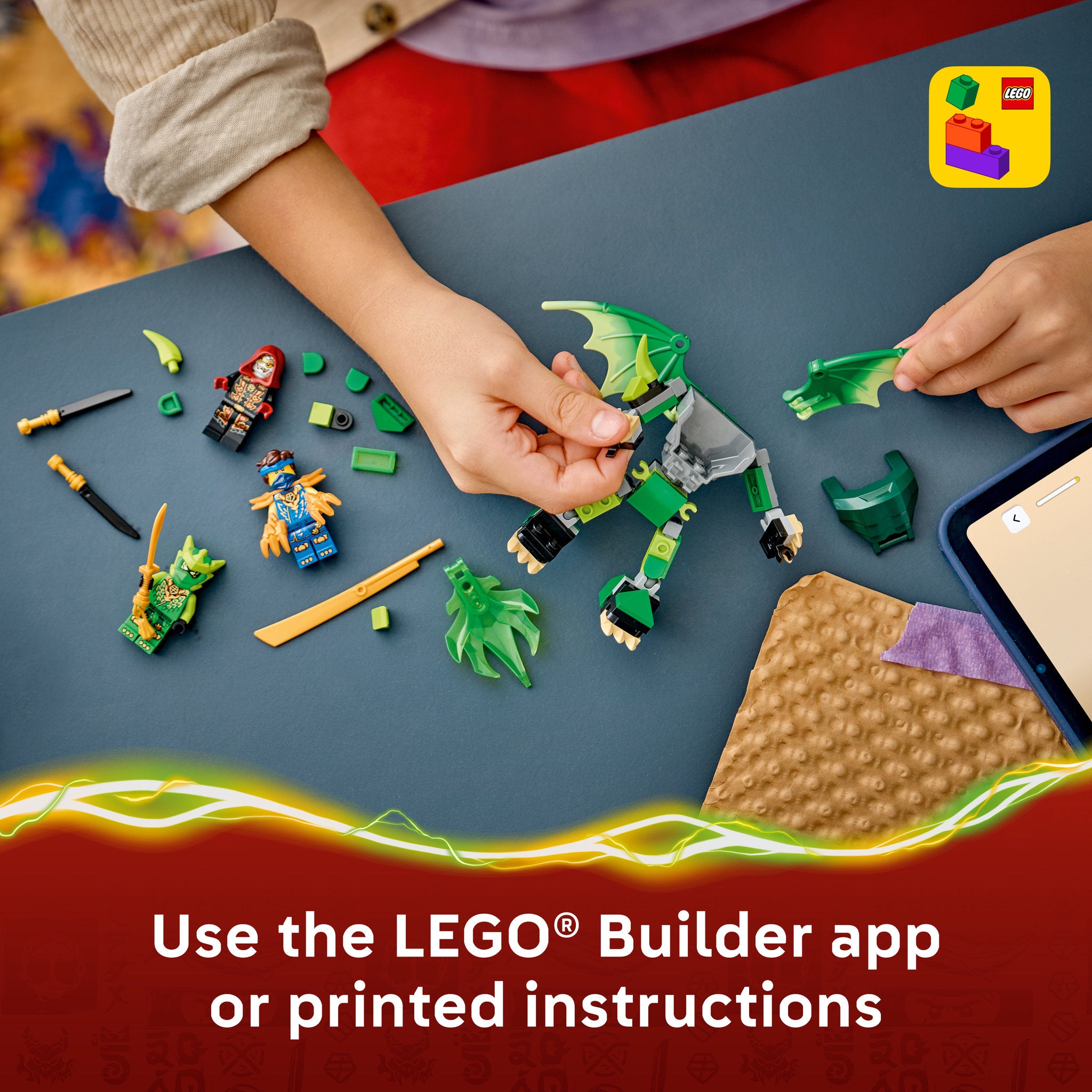 Child using the lego builder app to make the LEGO 71862 NINJAGO Lloyds Dragon Mech Battle Pack Set