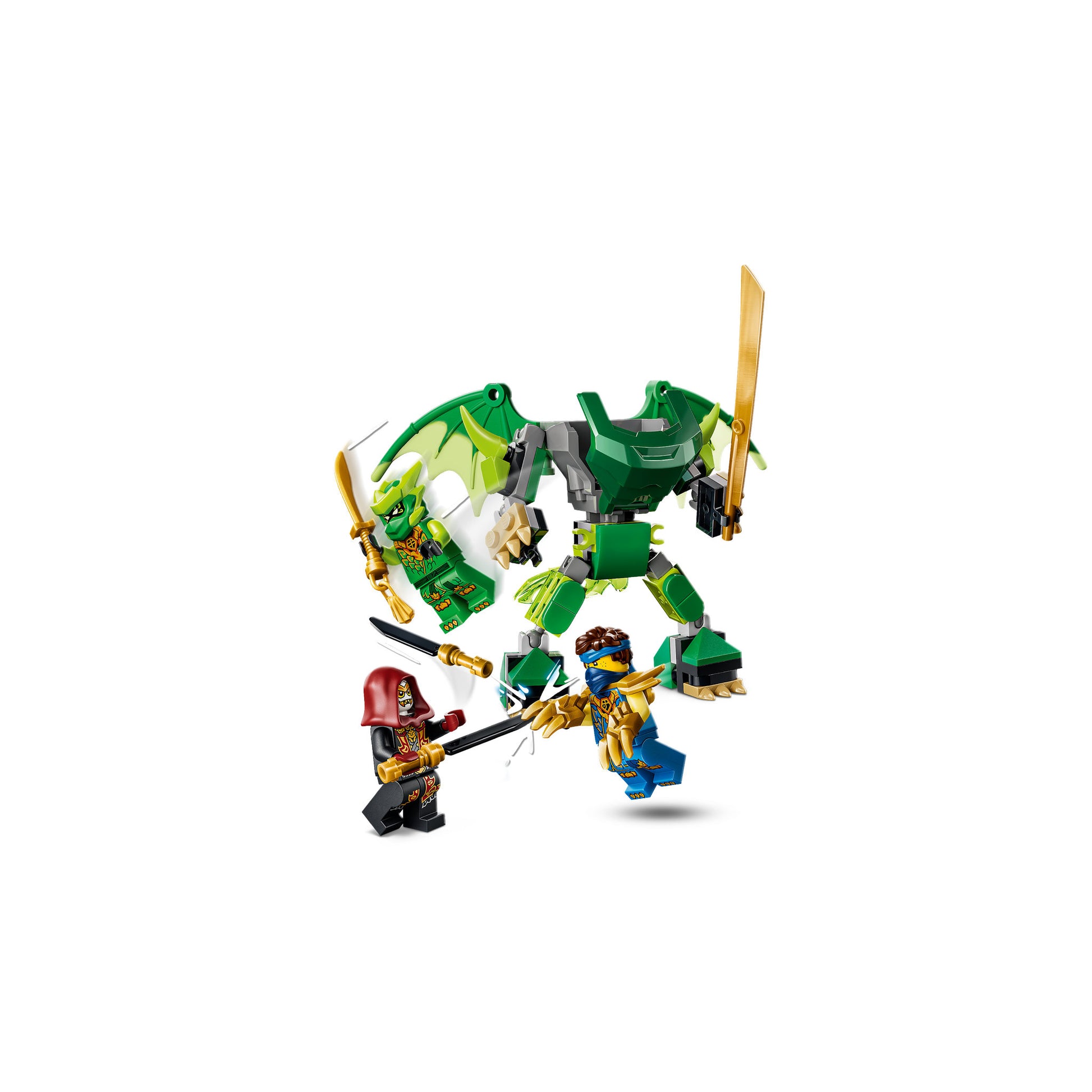 Assembled figures battling, from the LEGO 71862 NINJAGO Lloyds Dragon Mech Battle Pack Set