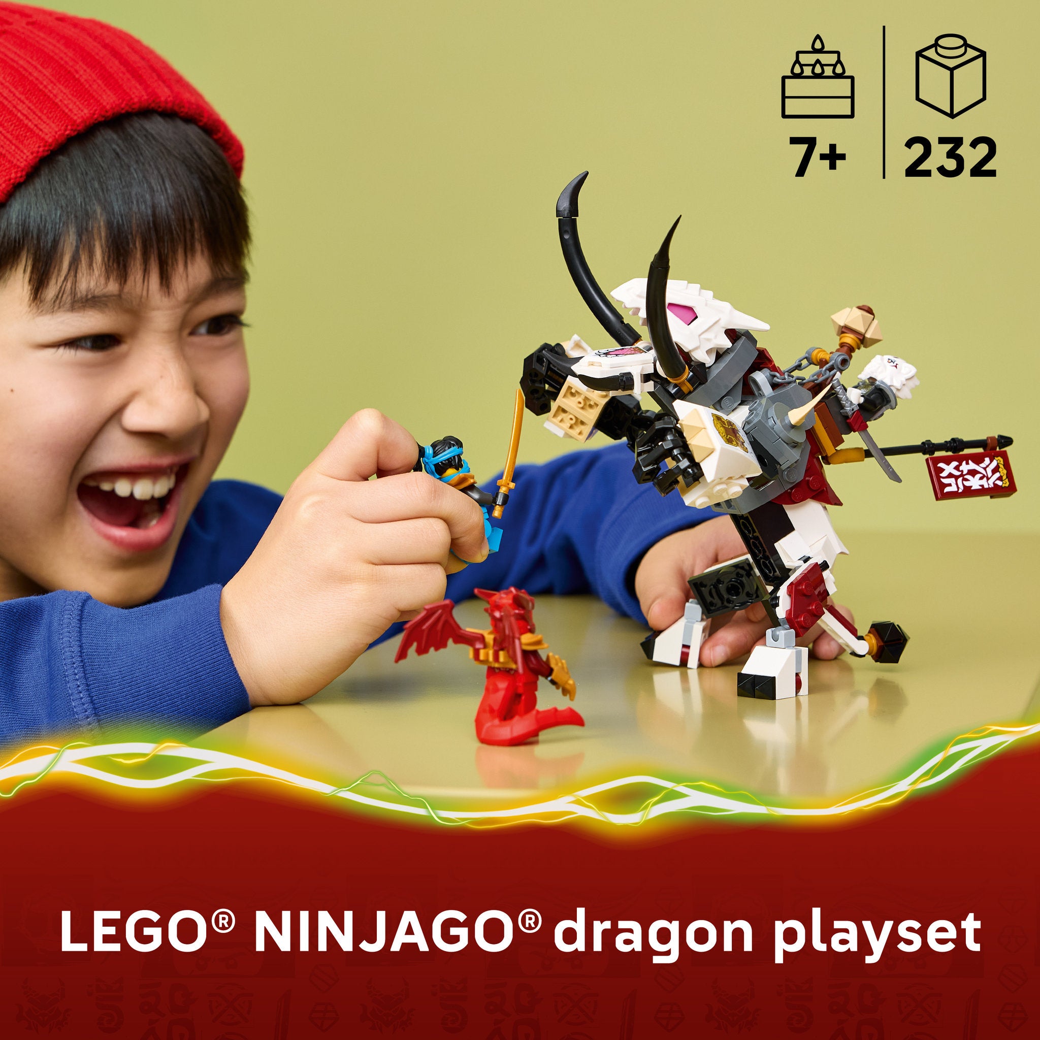 Child playing with the LEGO 71863 NINJAGO Zilvar and Grimtak The Dragon Beast