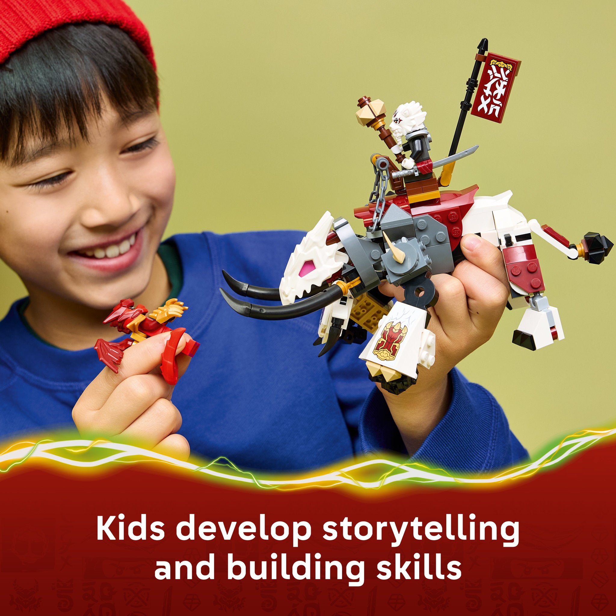 Child playing with the monster from LEGO 71863 NINJAGO Zilvar and Grimtak The Dragon Beast
