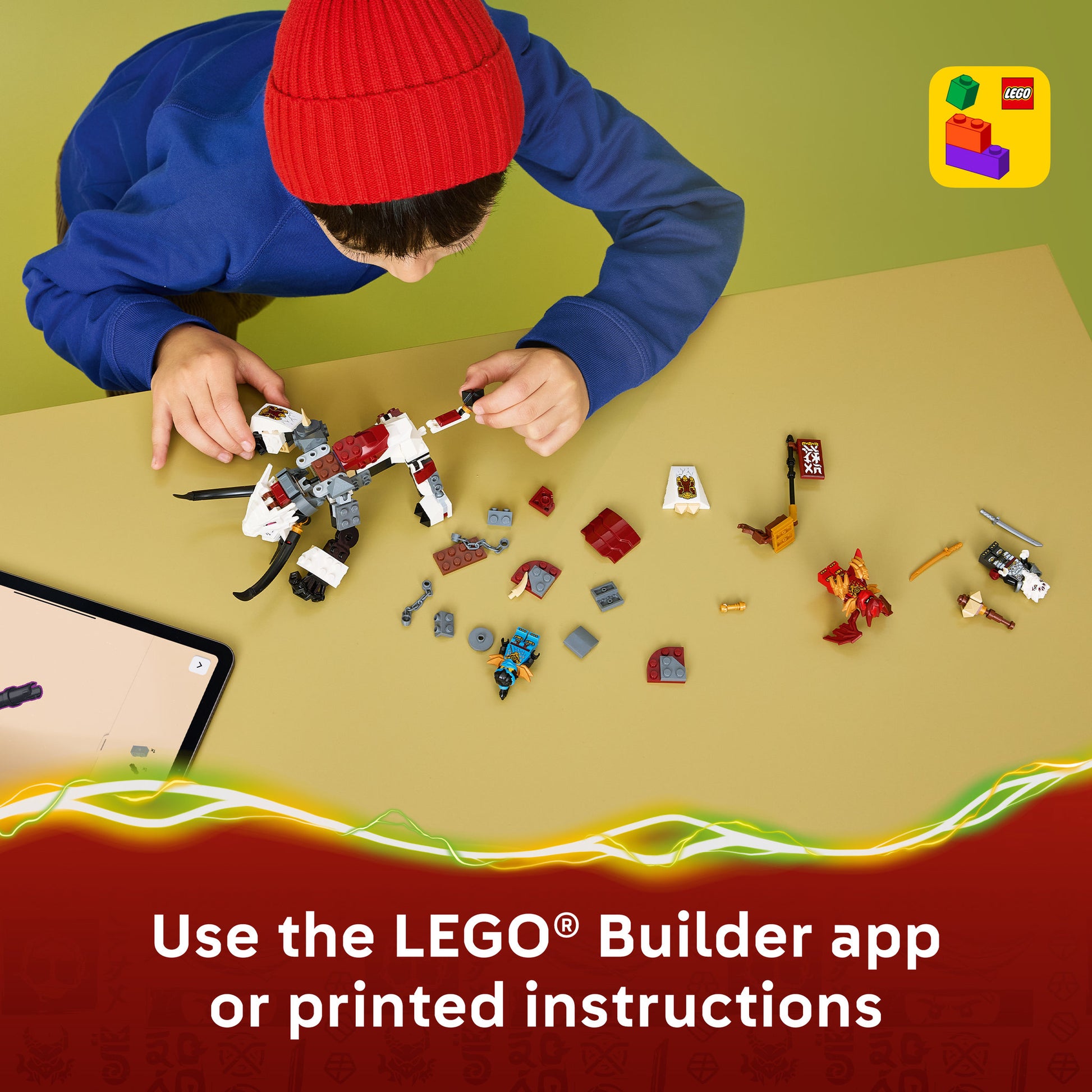 Child using the builder app to make the LEGO 71863 NINJAGO Zilvar and Grimtak The Dragon Beast