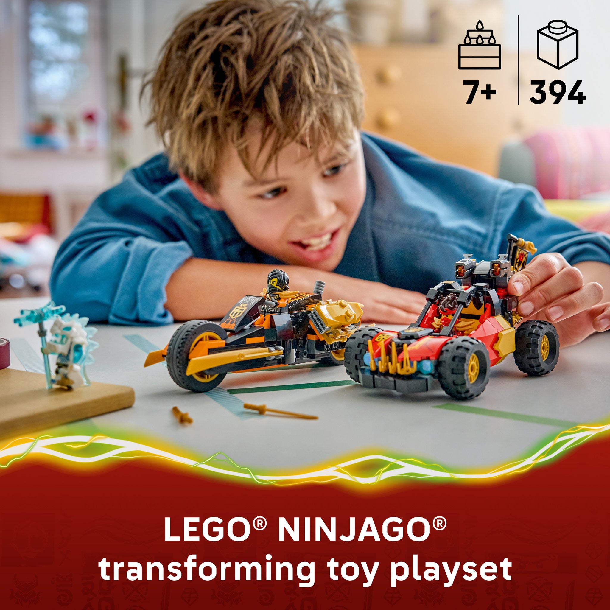 Child playing with the LEGO 71864 NINJAGO Kai and Coles Combiner Vehicles Set